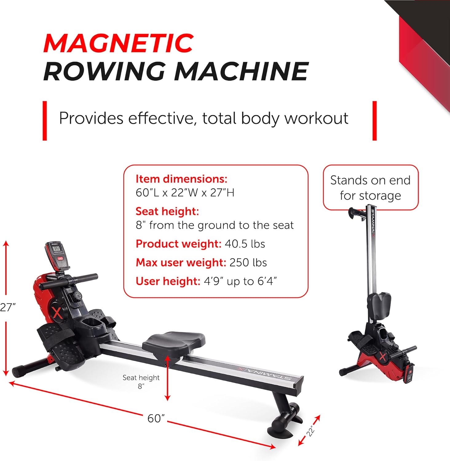 Stamina Magnetic Rower - Rower Machine with Smart Workout App - Rowing Machine with Magnetic Resistance for Home Gym Fitness - Up to 250 lbs Weight Capacity - Image 3
