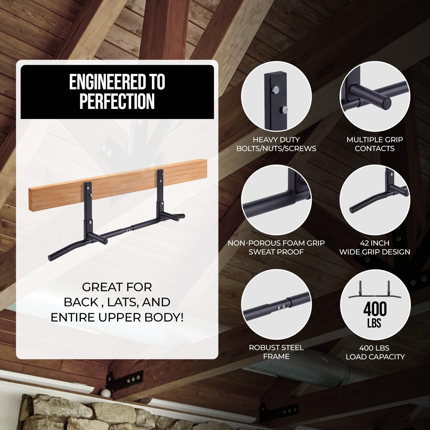 Joist Mount Pull Up Bar, Ceiling Mounted Chin Up Bar for Home Gym, Crossfit, Beam, Rafter - Heavy Duty, Multi Grip, 42" Wide, Maximum Head Clearance - TU038 - Image 3