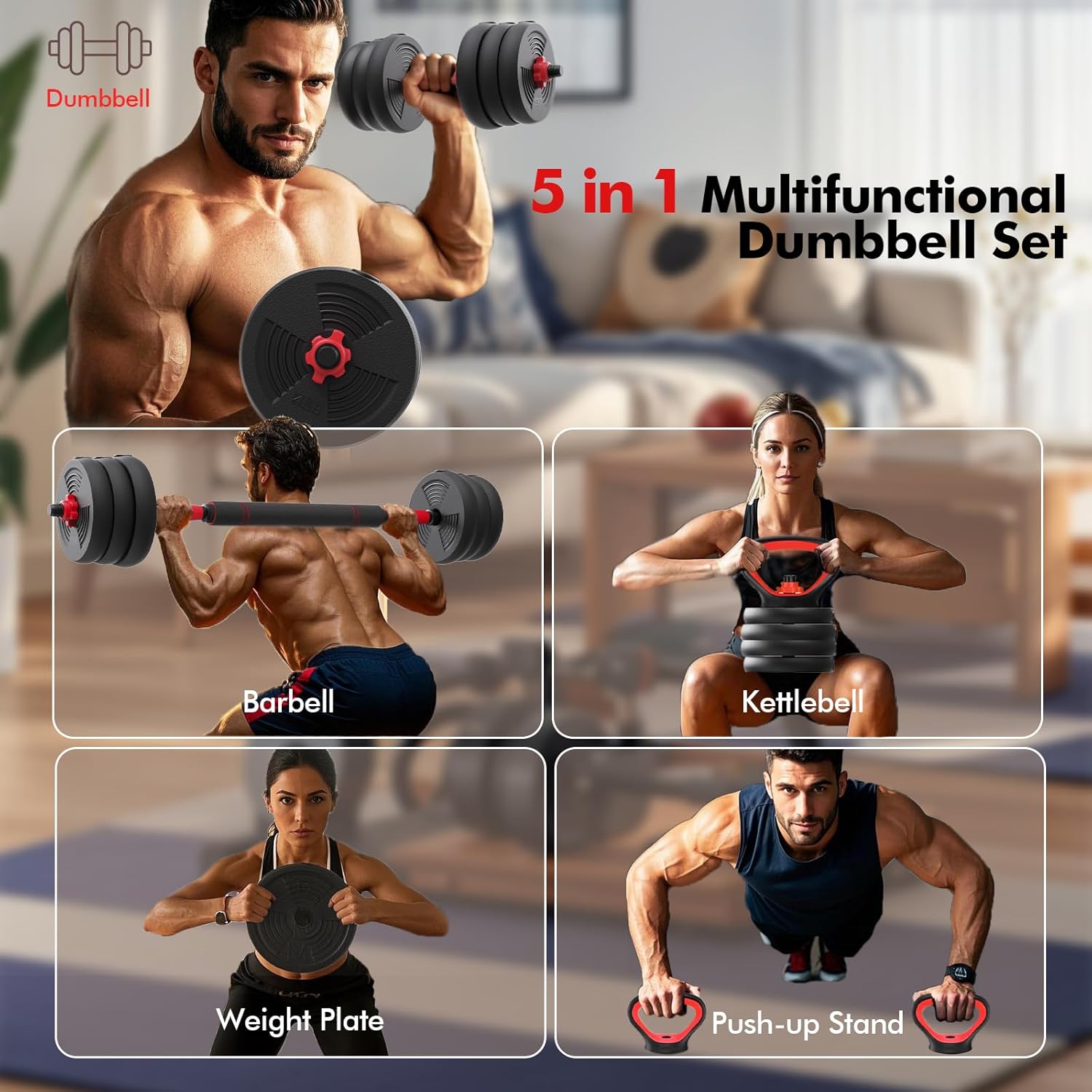 Adjustable Dumbbells Set,60LB Free Weights set with Storage Box,5 in 1 Dumbbell Set used as Kettlebells, Barbell, Push up Stand,Fitness Exercise for Home Gym - Image 2