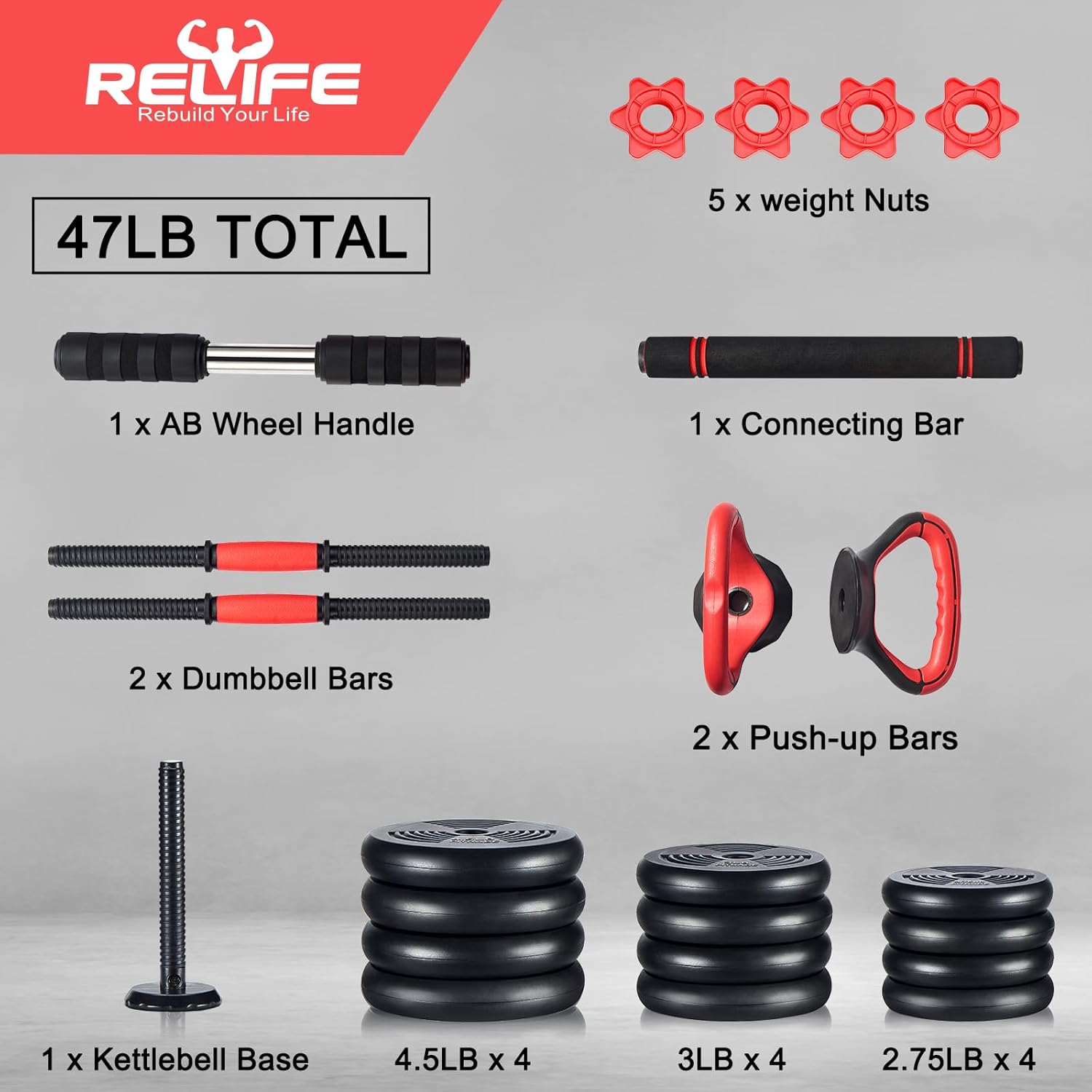 RELIFE REBUILD YOUR LIFE Adjustable Dumbbells Set 6 in 1 Weight Set Dumbbell Barbell Kettlebells, Push-up, Push up Stand and Ab roller for Workout Home Fitness Equipment - Image 3
