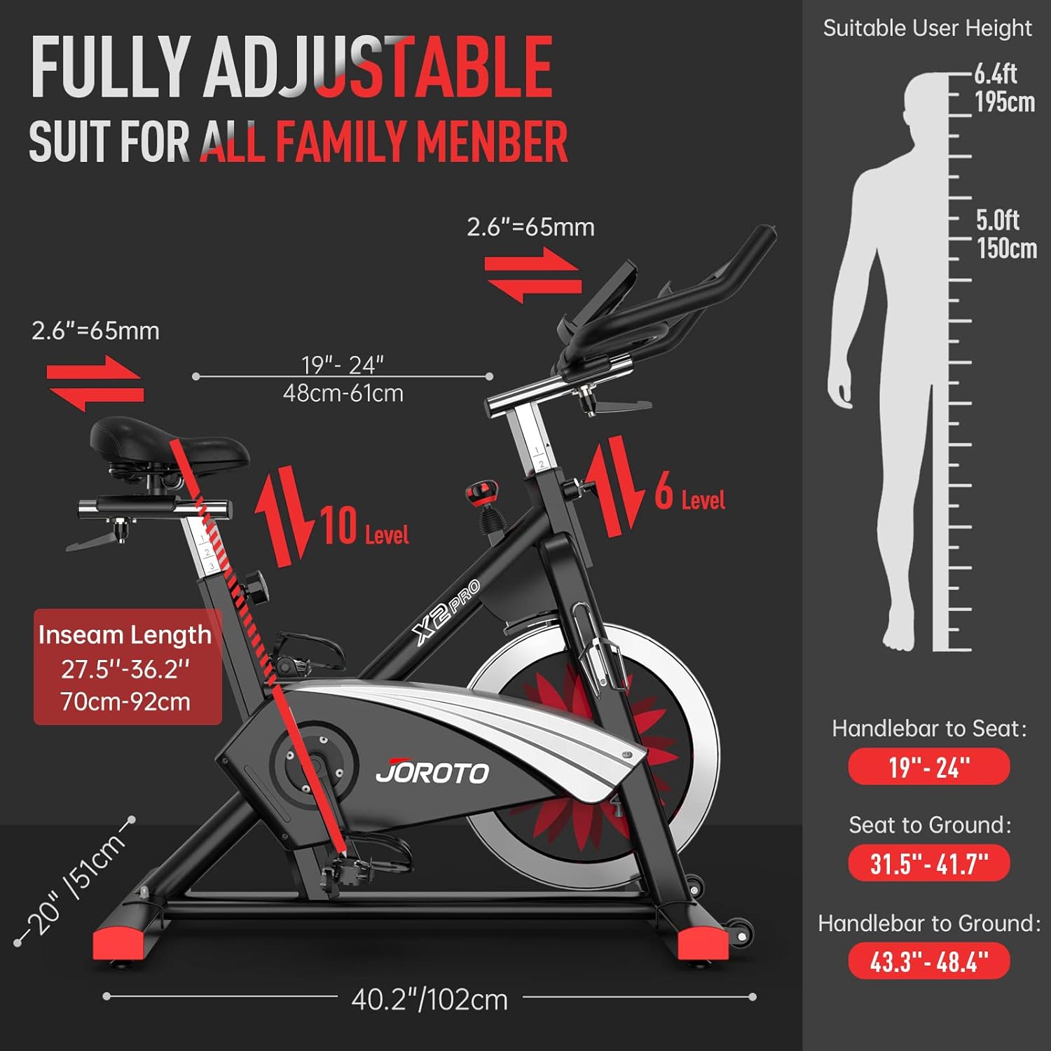 JOROTO X2|X2PRO Exercise Bike, X4S Bluetooth Stationary Indoor Cycling Bike with Readable 100 Levels Magnetic Resistance, Plus 12.6 inch Tablet Bracket Exercise Bikes for Home - Image 6