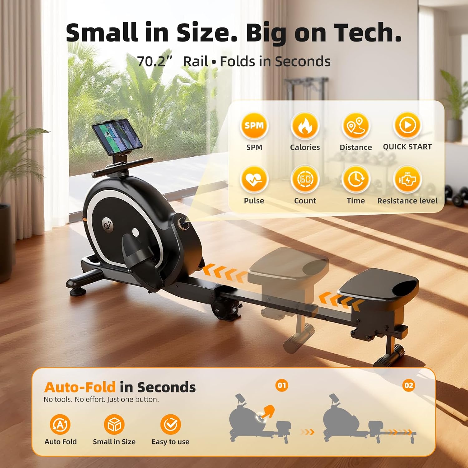 Magnetic Rowing Machine for Home, Compact Smart Rower with One-Touch Fold, 16 Levels Quiet Resistance, Bluetooth Heart Rate, 300LB Capacity, Self-Powered Design for Small Spaces - Image 3