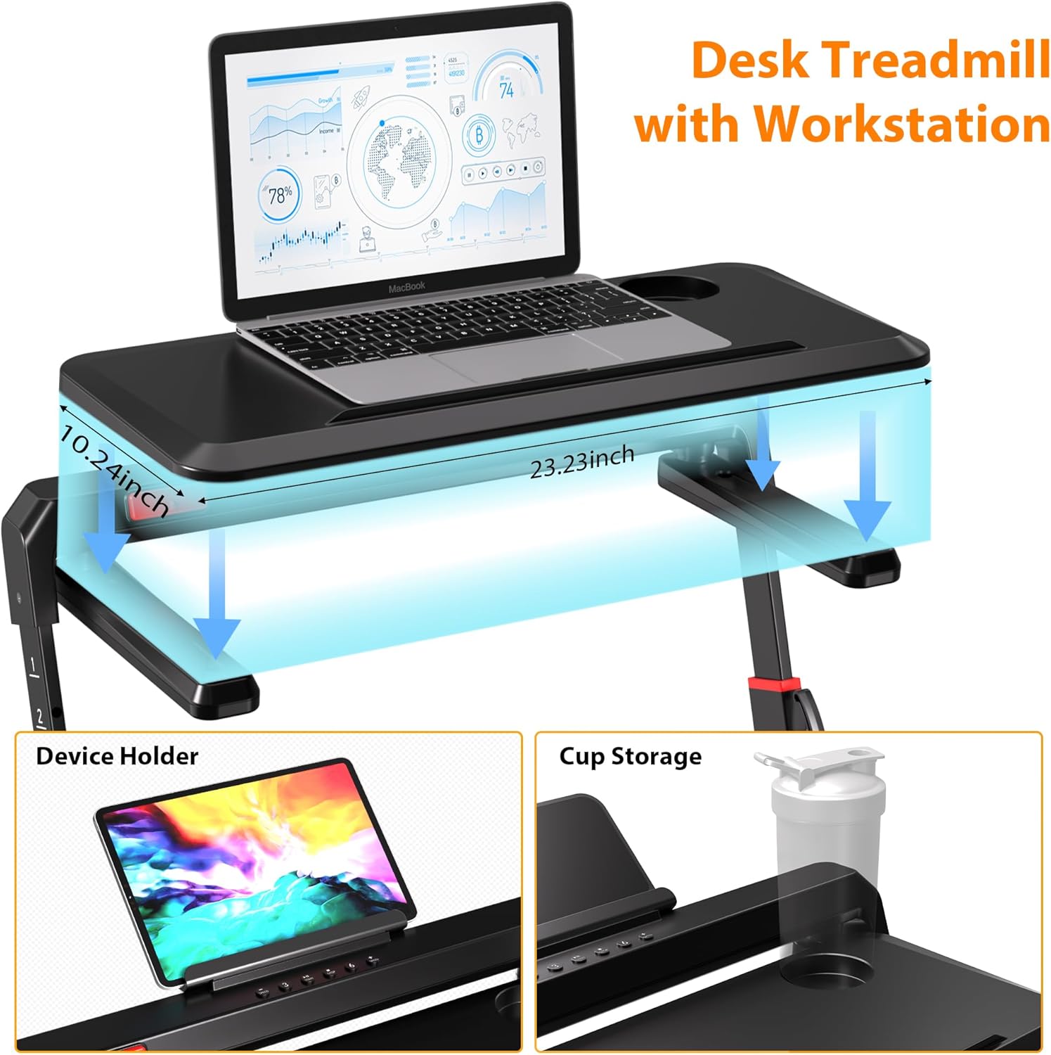 Walking Pad Treadmill with Desk Workstation, 3.0HP Under Desk Treadmills with 8% Incline Handle Bar, Foldable Portable Treadmill for Home Office, 300lbs Capacity, Remote Control, APP - Image 9