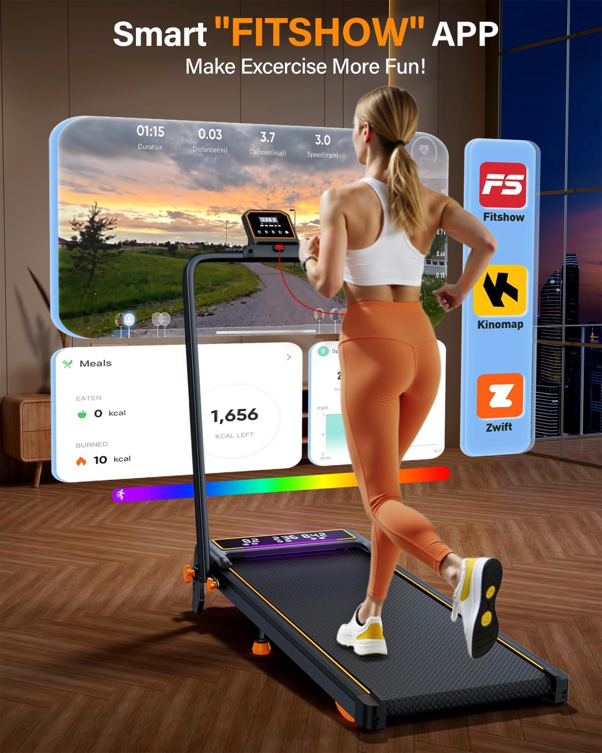 Treadmill Walking Pad with 10% Incline/Handle Bar/2 LED Display, 3.5HP Portable Treadmills for Home Small, Foldable Walking Pad Treadmill 350+lb Capacity, Smart App, 4 Adjustable Incline, RGB Light - Image 8