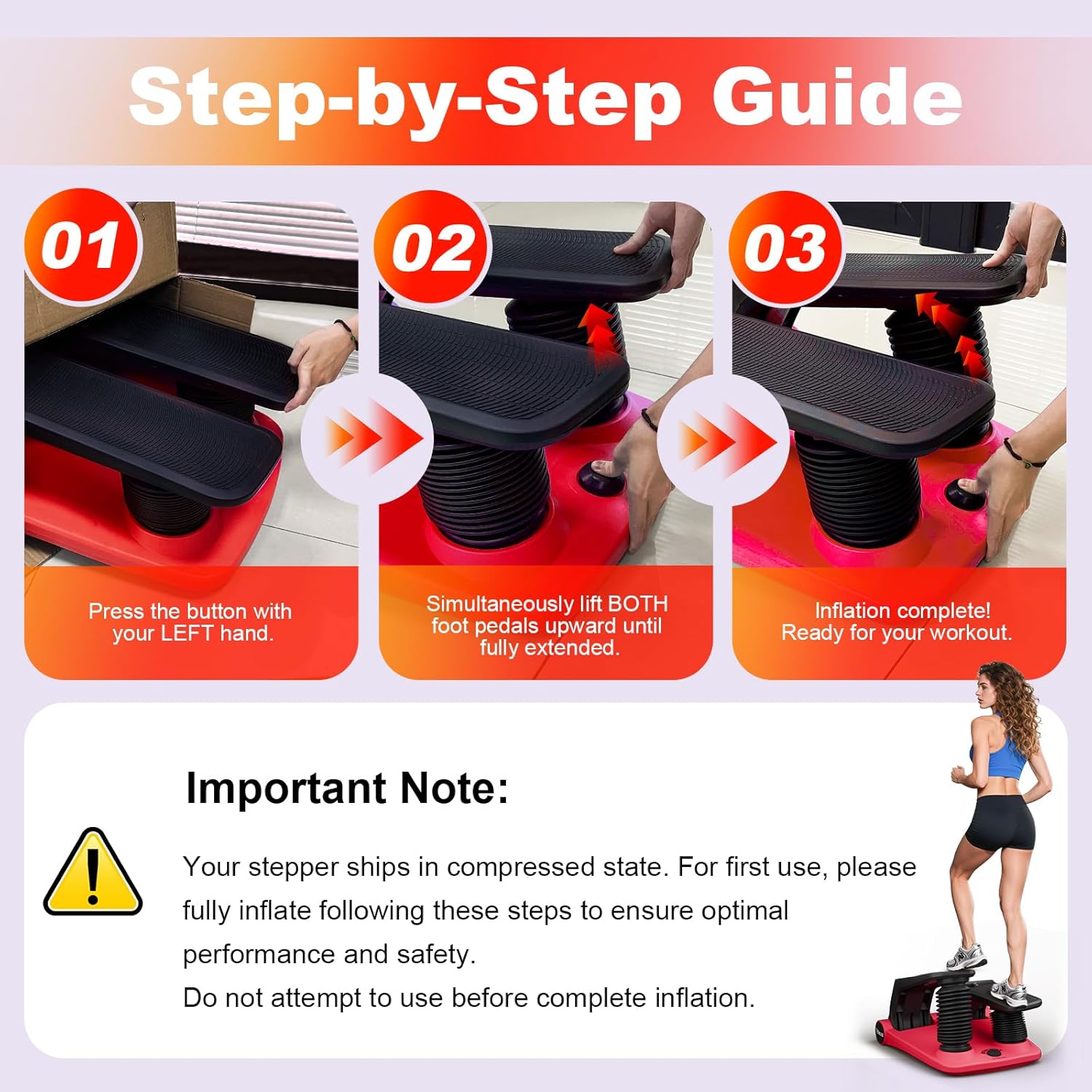 Air Compression Resistance Stepper – Adjustable Mini Stair Climber for Home Cardio Workout, Portable Stepper Machine with LCD Display, Non-Slip Pedals & Resistance Bands (Red and Black) - Image 4