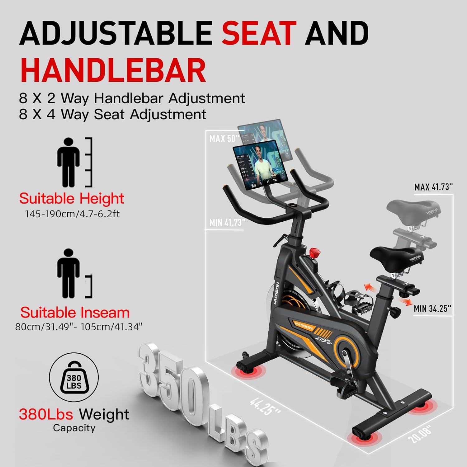 HARISON Exercise Bike - Magnetic Stationary Bike for Home Gym - Indoor Cycling Bike with Tablet Mount & Comfortable Seat Cushion, 380LBS Weight Capacity, Belt Drive Workout Bike - Image 3