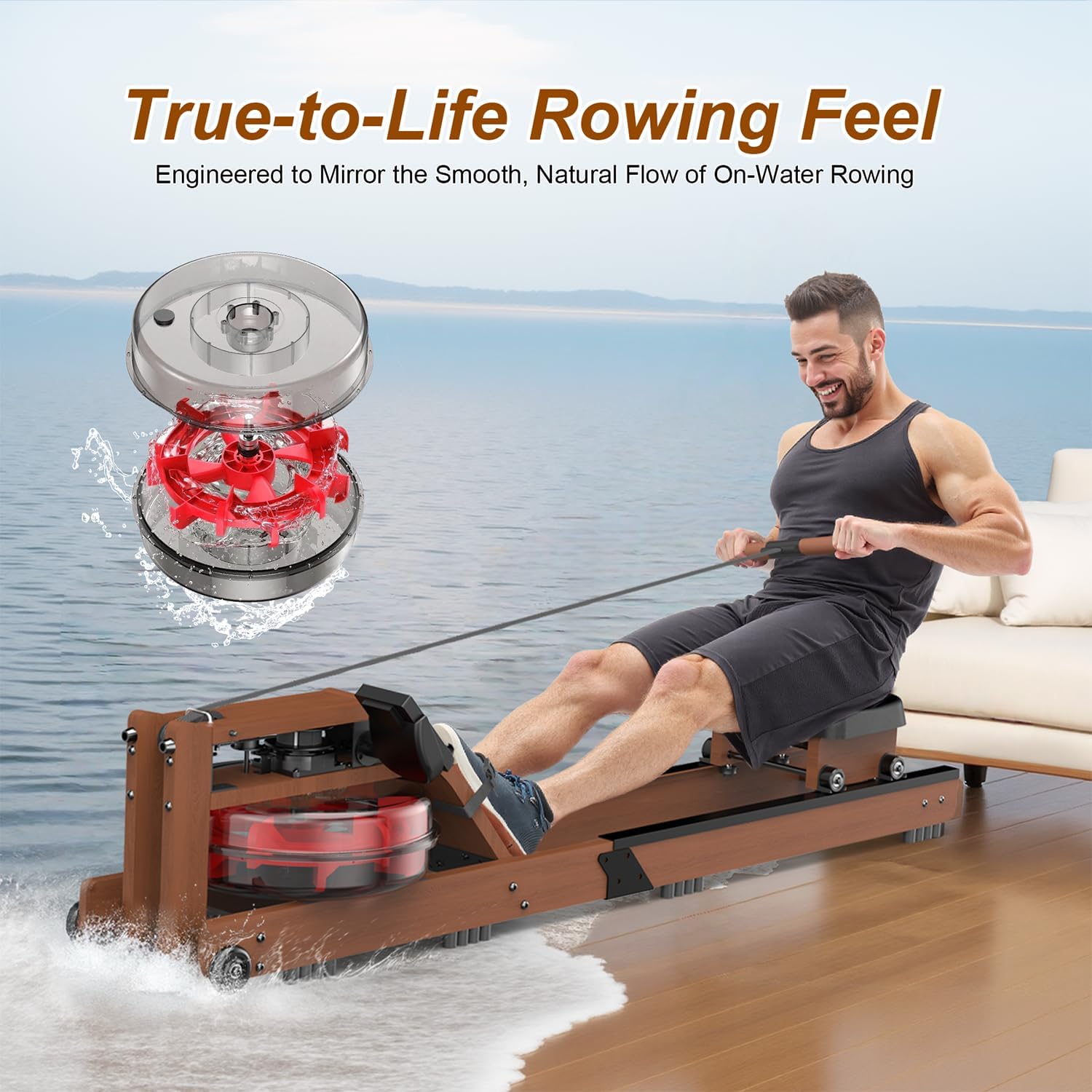 Water Rowing Machine for Home Use- Foldable Rower Machine 400LBS Weight Capacity with Dedicated Monitor & Comfortable Seat, Bluetooth APP - Image 2