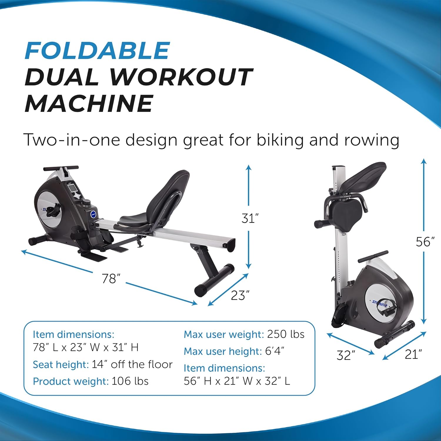 Stamina Conversion II Recumbent Exercise Bike and Rower - Cardio Machine with Smart Workout App - Exercise Bike for Home Workout - Up to 250 lbs Weight Capacity - Image 5
