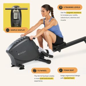 LifeSpan Fitness RW1000 Foldable Indoor Rowing Machine for Home Gym/Office, Ultra-Quiet Magnetic Resistance, Battery-Powered, Charcoal