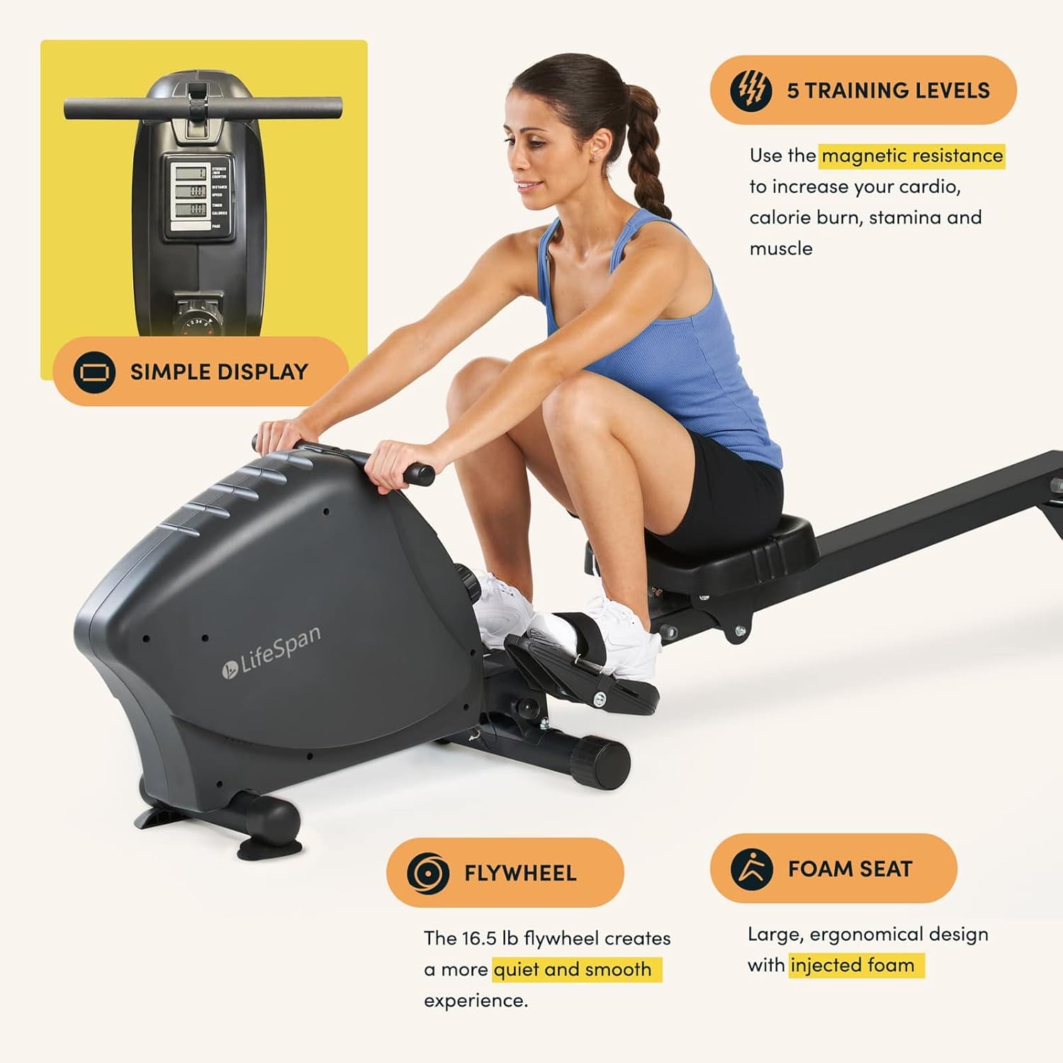 LifeSpan Fitness RW1000 Foldable Indoor Rowing Machine for Home Gym/Office, Ultra-Quiet Magnetic Resistance, Battery-Powered, Charcoal - Image 2