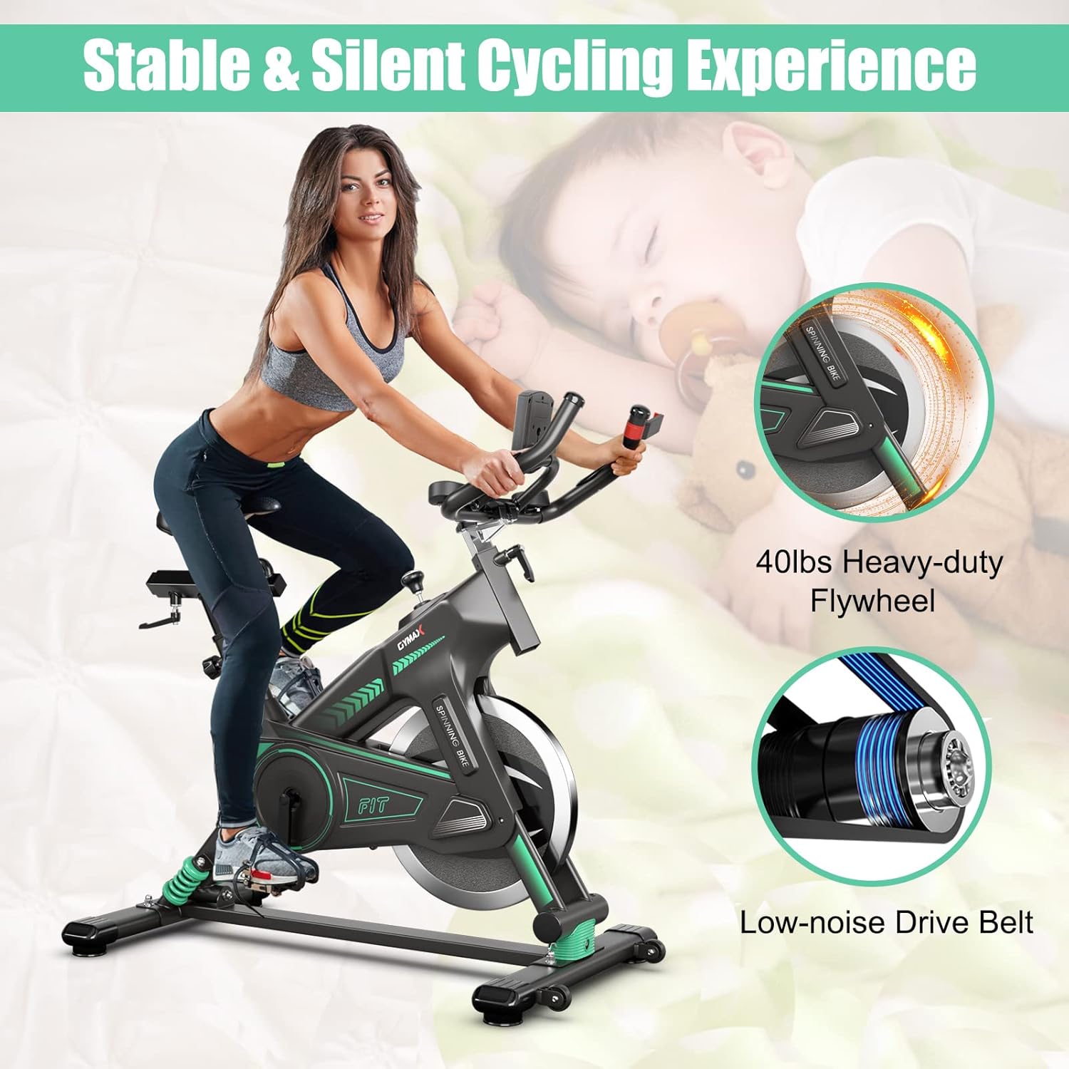 GYMAX Exercise Bike, Stationary Indoor Cycling Bike with 40lbs Flywheel, LCD Display, Adjustable Seat & Handlebar, Quiet Belt Drive for Home Gym Cardio Training Workout Fitness - Image 8
