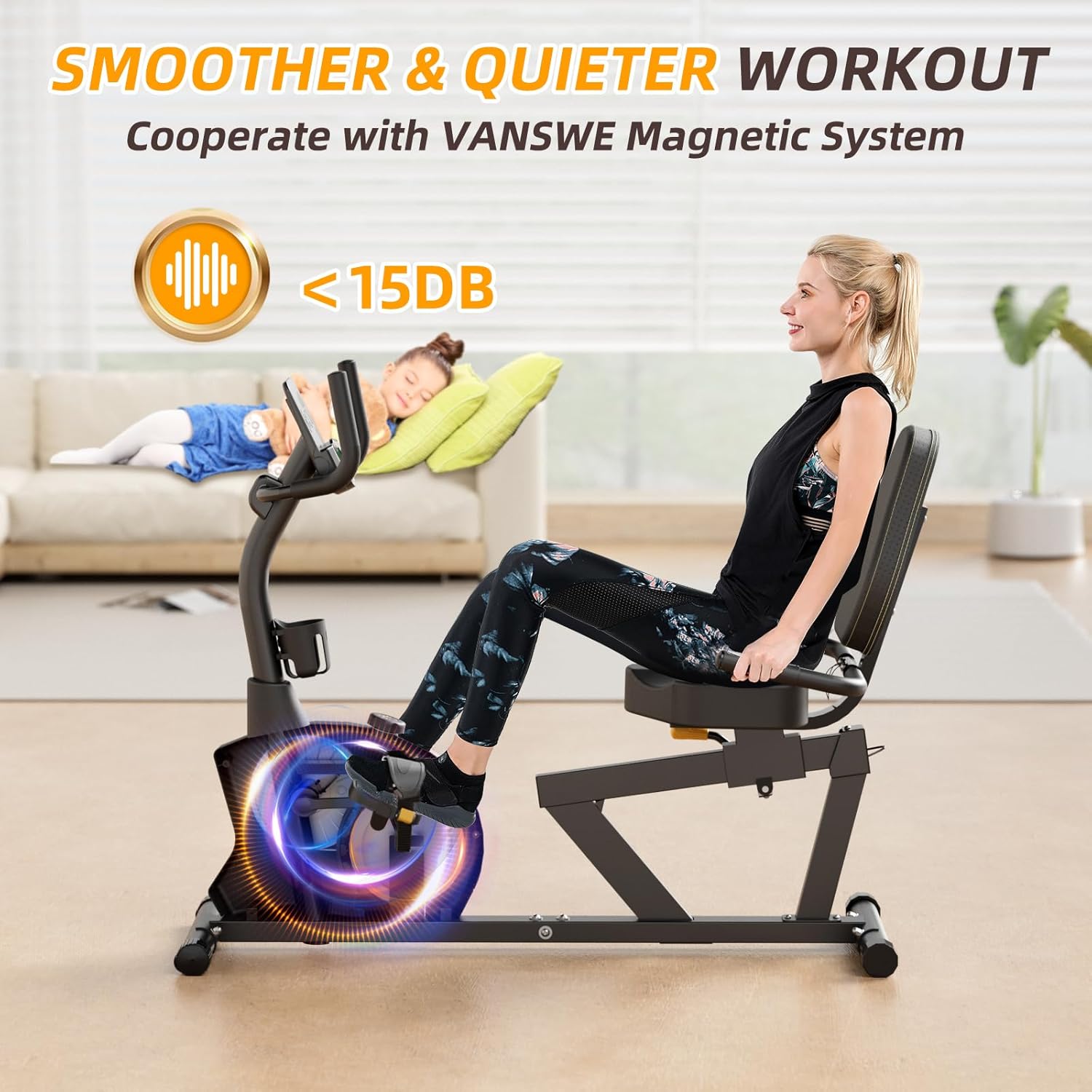 VANSWE Recumbent Exercise Bike, Recumbent Stationary Bikes for Home 400 LBS Weight Capacity, Exercise Bike for Home Seniors with Smart App and Bluetooth Connectivity, LED Display, Pulse Handle - Image 4
