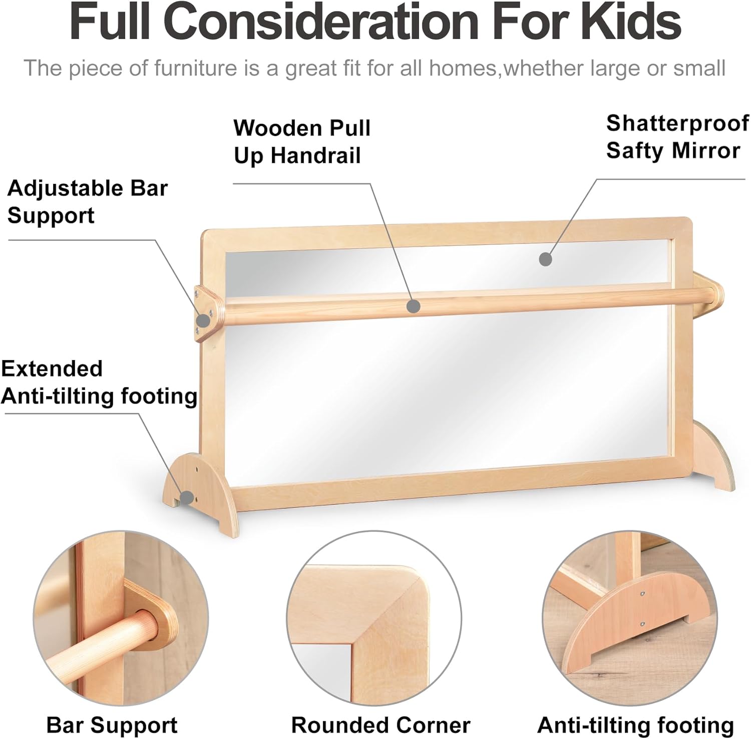 3-Position Montessori Wood Frame Non-Shatter Safety Pull Up Bar Baby Big Mirror Set, Infant Coordination Mirror, Kids Classroom Furniture for Daycare, Homeschool or Preschool - Image 5