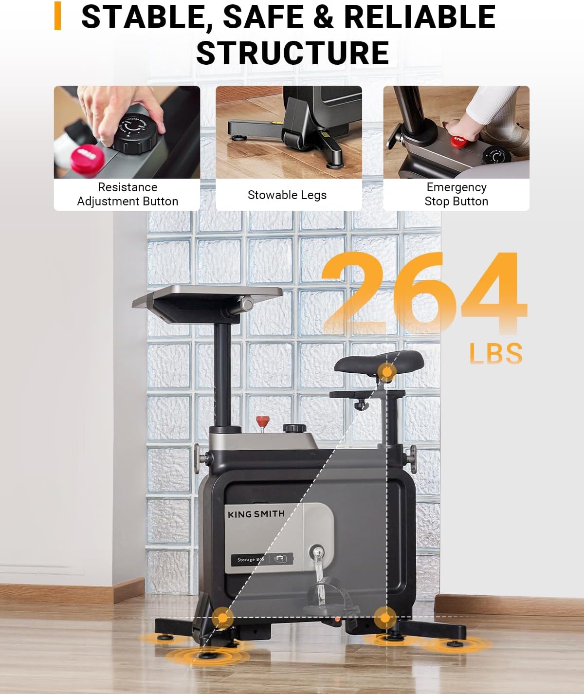 KINGSMITH Exercise Bike with Desk, Adjustable Resistance, All-in-one Under Desk Bike, Stationary Bike Indoor Workstation 264 LBS Heavy Duty - Image 4