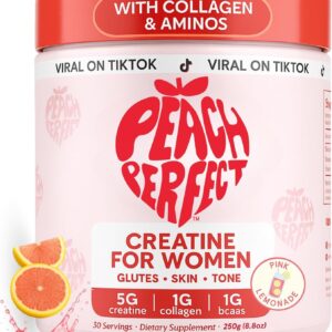 Peach Perfect Creatine for Women Booty Gain, Muscle Builder, Energy Boost, Pink Lemonade, Cognition Aid | Collagen, BCAA, Lean Muscle, Vegan Monohydrate Micronized Powder, Alt Creapure,30 Ser