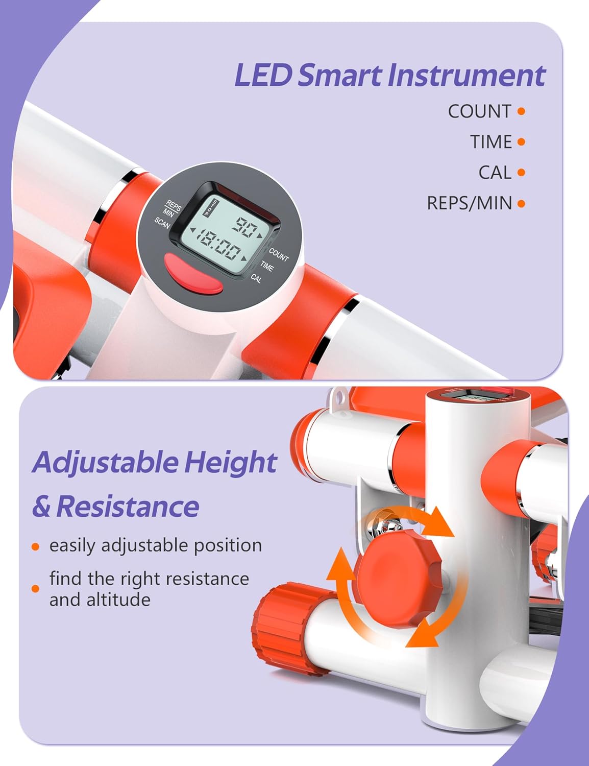 Amicus Mini Stepper for Exercise, Stair Stepper with Resistance Bands, Hydraulic Fitness Stepper Exerciser Machine for Home, 330lbs Weight Capacity, Orange White - Image 5