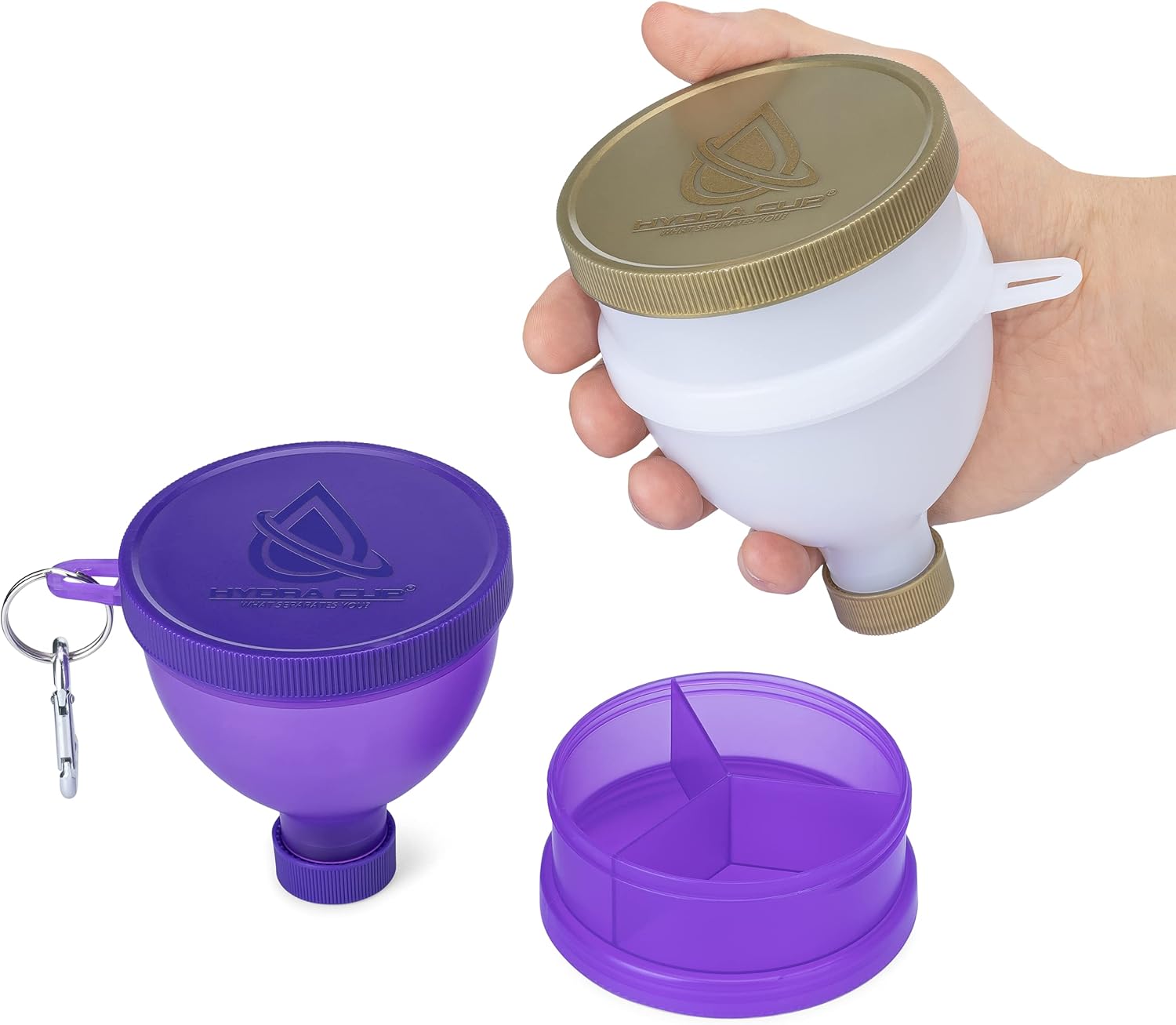 Hydra Cup [4 Pack Funnels for Filling Water Bottles with Protein Powder, 3 Compartment Pill Storage, Supplement Container Set to Go or Kitchen Use, Keychain for Shaker Cup - Image 5