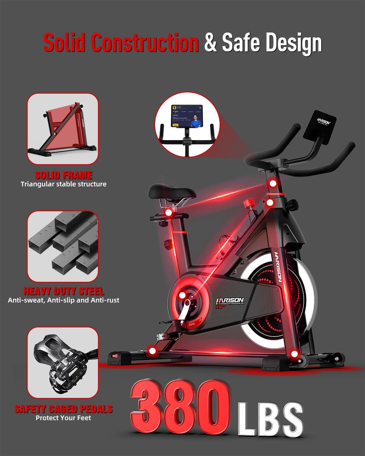 HARISON Semi-Commercial Exercise Bike 400 lbs Capacity, Magnetic Stationary Bikes for Home Gym with Bluetooth & Tablet Holder & Comfortable Seat Cushion - Image 3
