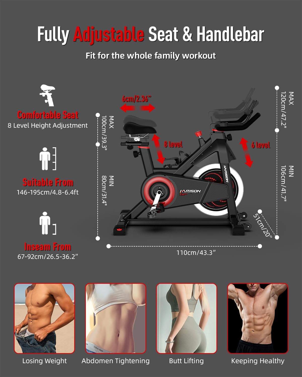 HARISON Semi-Commercial Exercise Bike 400 lbs Capacity, Magnetic Stationary Bikes for Home Gym with Bluetooth & Tablet Holder & Comfortable Seat Cushion - Image 4