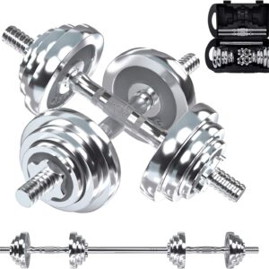 VIVITORY Fitness Dumbbells Set, Adjustable Weight Sets up to 11/22/44/66/110 lbs, with Metal Connecting Rod Used As Barbell, Chromed Weights, Hardcover Gift Box, Home Gym Work Out Training Equipment