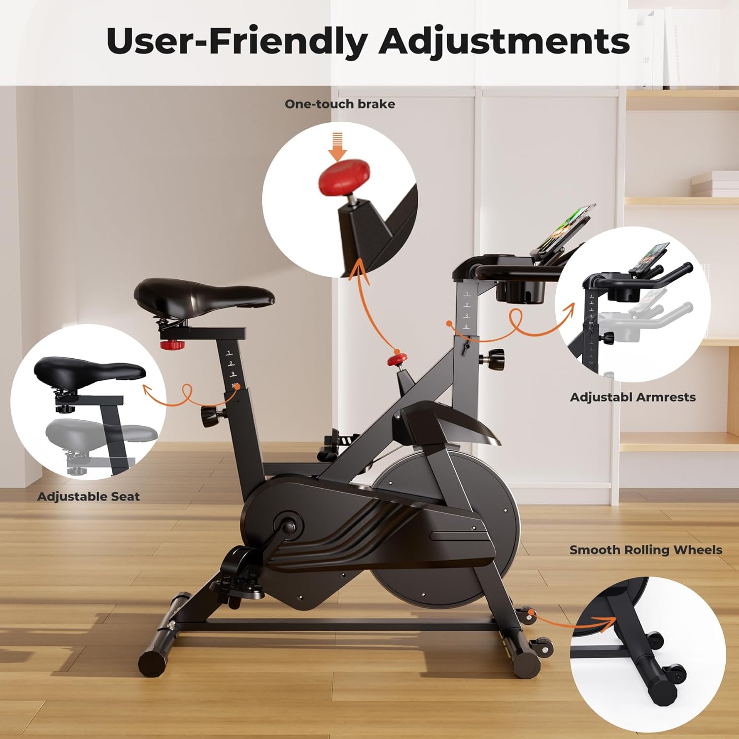 Superun Exercise Bike, Stationary Bikes for Home with Brake Pad, Low Noise Indoor Cycling Bike with 300LBS Weight Capacity, Workout Bike for Home Gym with Pad Mount LCD Monitor and Cup Holder - Image 7