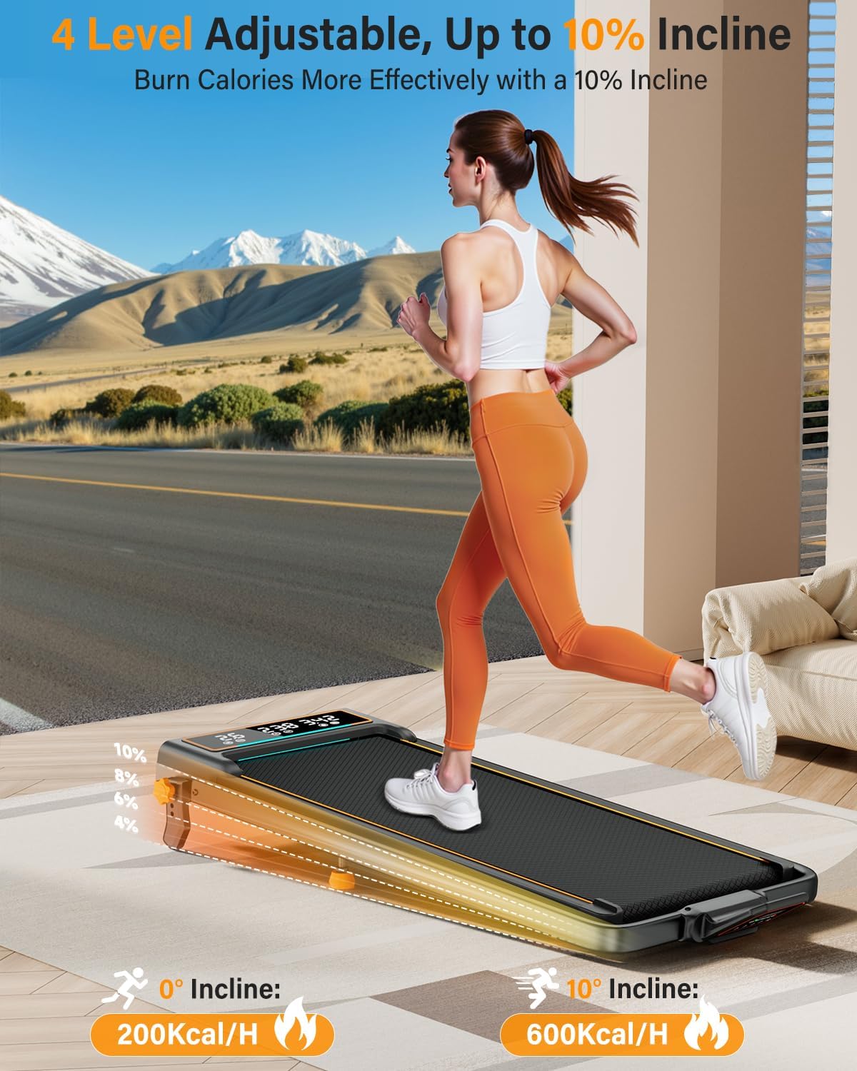 Treadmill Walking Pad with 10% Incline/Handle Bar/2 LED Display, 3.5HP Portable Treadmills for Home Small, Foldable Walking Pad Treadmill 350+lb Capacity, Smart App, 4 Adjustable Incline, RGB Light - Image 2