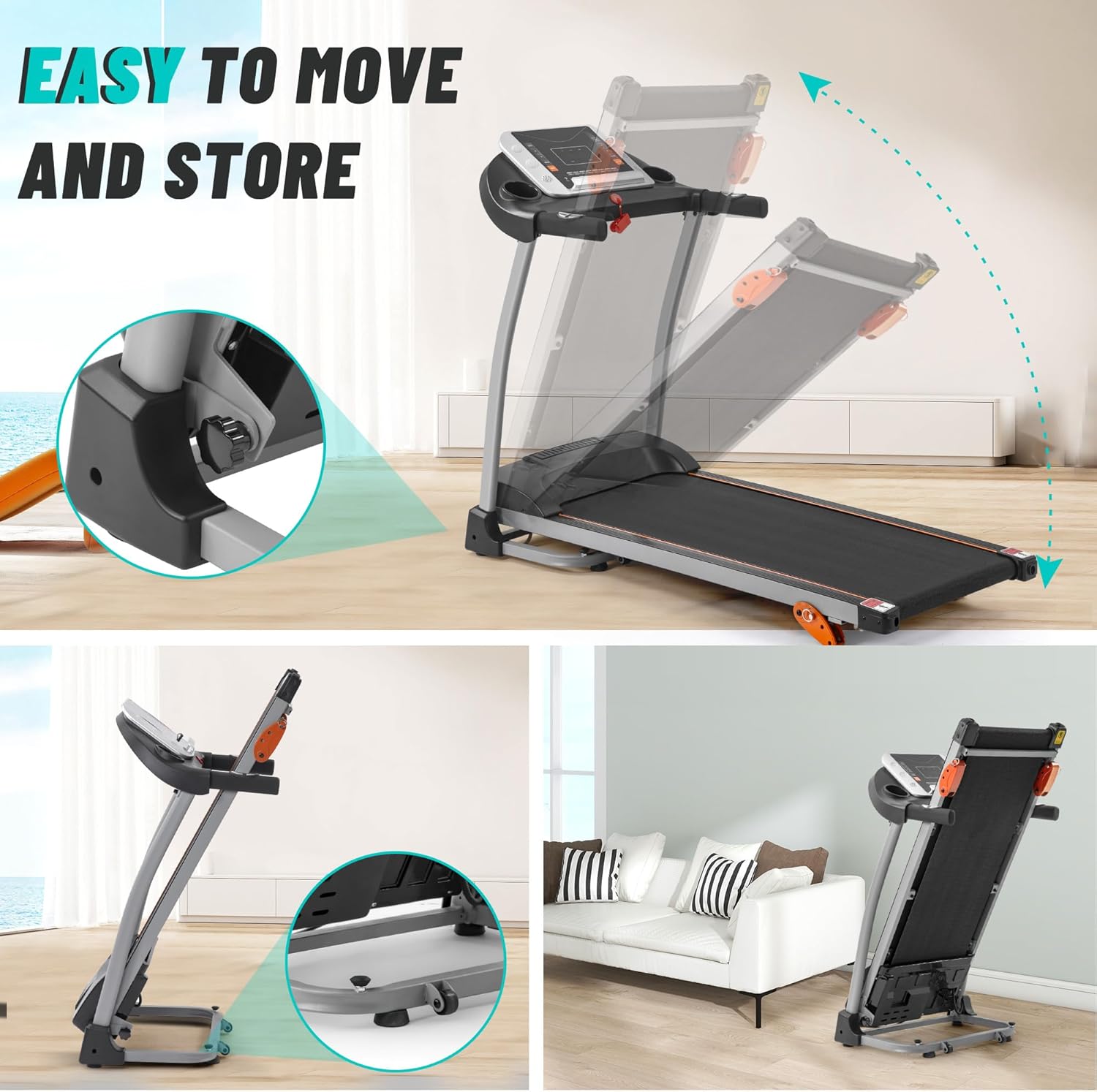 Merax Incline Treadmill with Handle, 3-in-1 Portable Treadmills for Home and Office, Foldable Treadmills with 300 Lbs Weight Capacity, 3.0HP Quiet Walking Treadmill, Quick Speed Button - Image 6