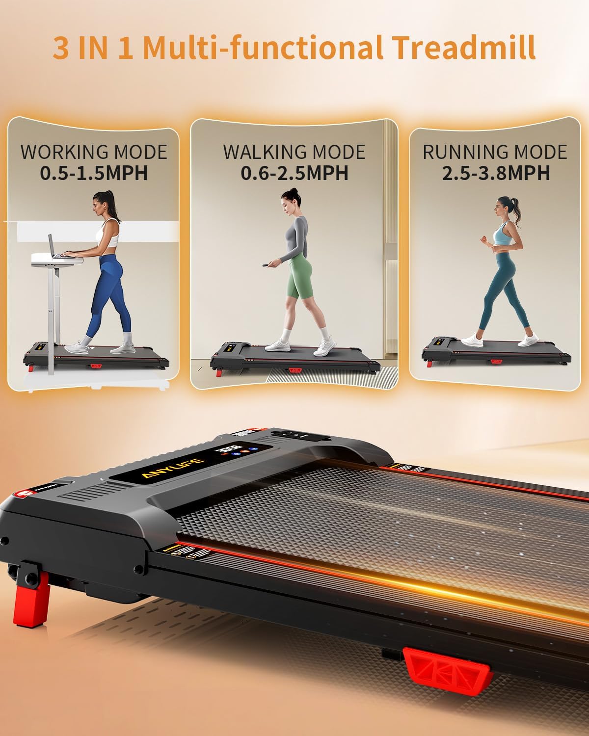 Walking Pad Treadmill, Anylife Incline Walking Pads Under Desk 330lb Capacity, 2.5HP Portable Treadmills for Home, Compact Treadmill Small Running Pad with LED Display, Remote Control - Image 6