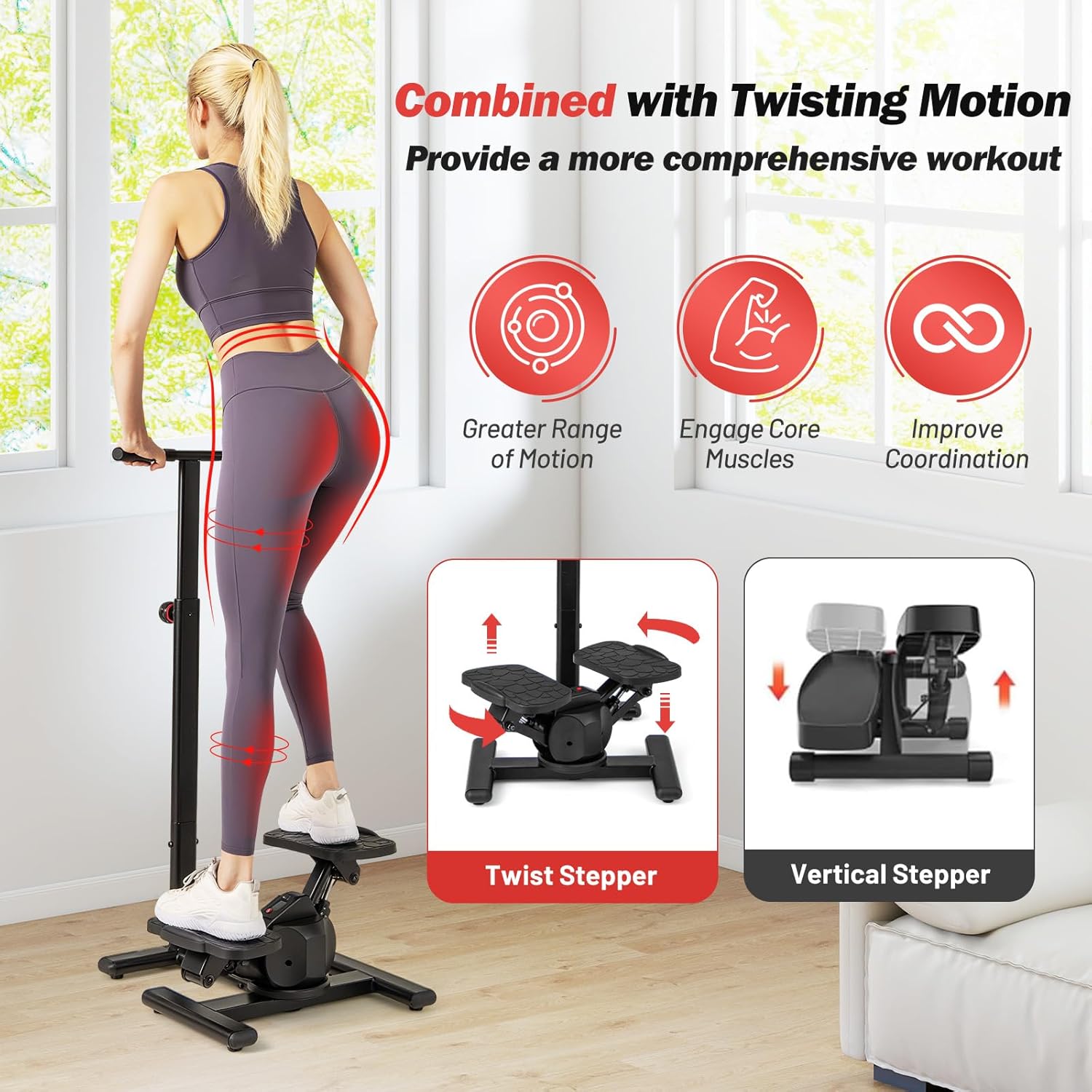 GYMAX Exercise Stepper with Handle Bar, 330 LBS Twist Stepper with LCD Monitor & Oversize Pedals, Portable Hydraulic Mini Stair Stepper for Home Aerobic Workout Fitness - Image 2