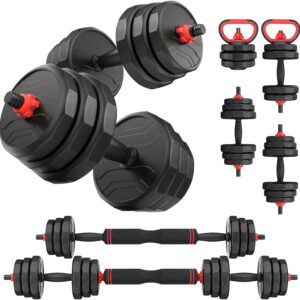 Adjustable Dumbbells, 20/30/40/55/60/70/80/90lbs Free Weights Dumbbells Convertible 2 or 3 in 1 Set Used as Barbell, Kettlebells, A Pair of Lightweight for Home Gym
