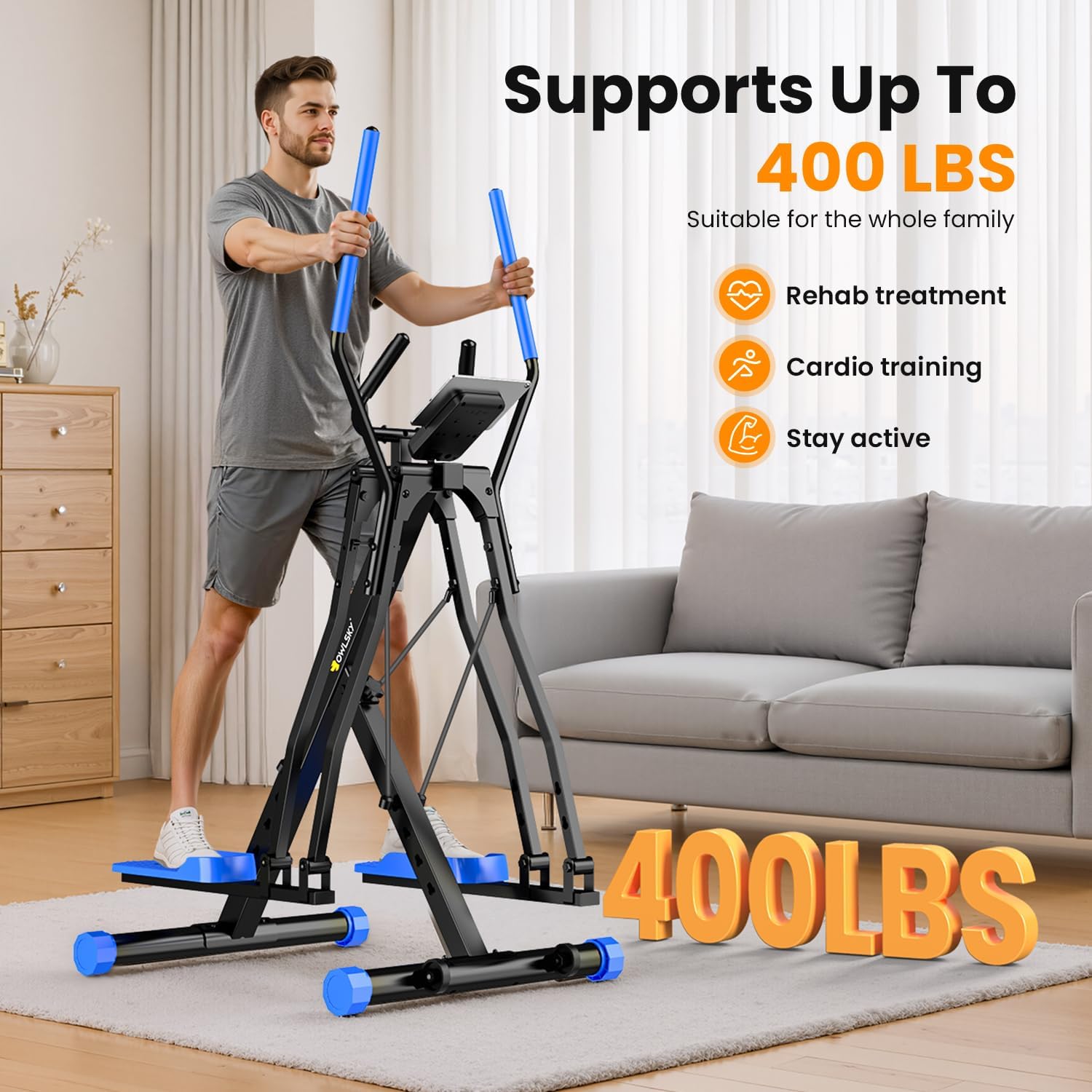 OWLSKY Air Walk Elliptical Exercise Machine for Home Gym – Compact Elliptical Cross Trainer with LCD Monitor, Device Holder, Low-Impact Cardio Workout, Full Body Fitness Equipment - Image 5