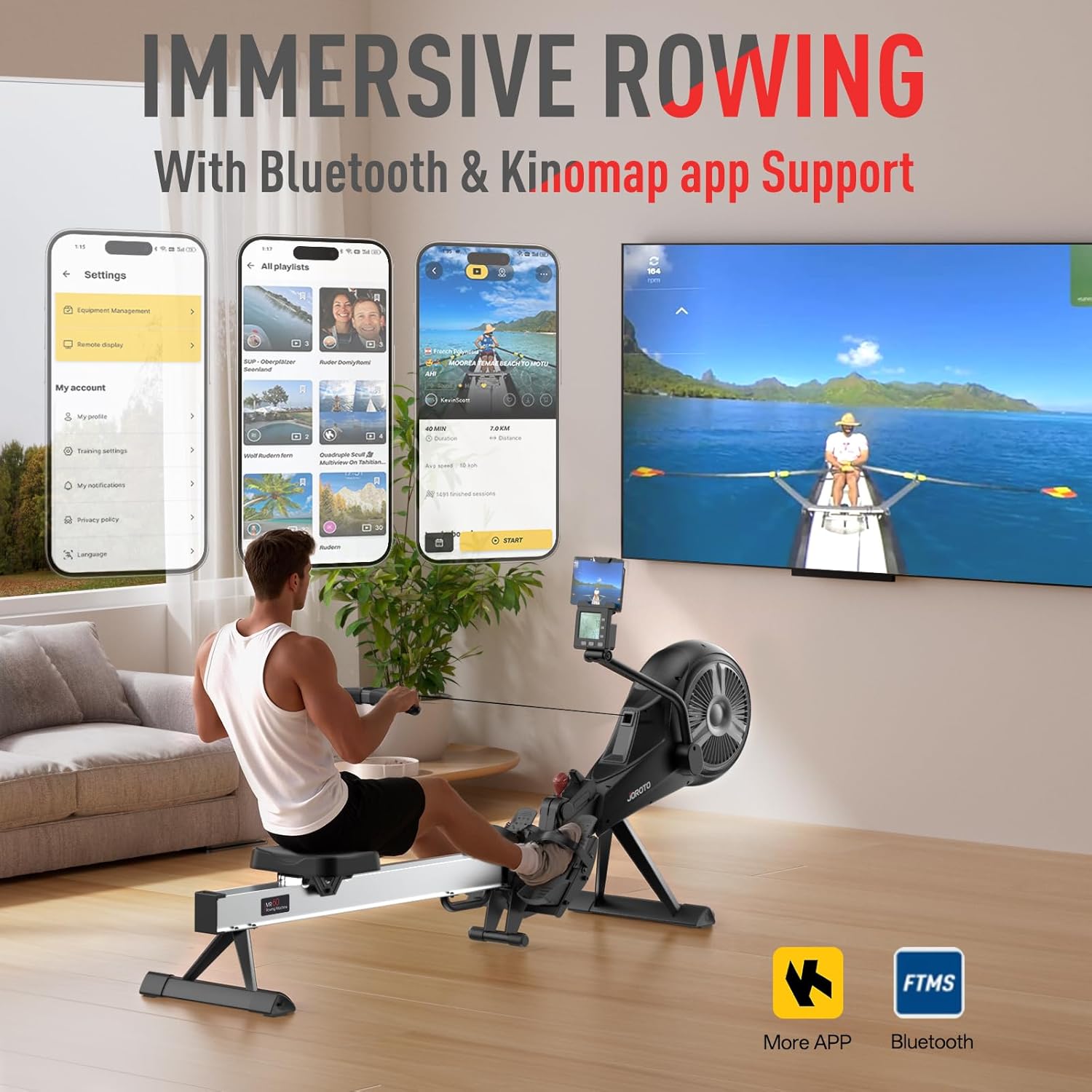 JOROTO Rowing Machines, Air Magnetic Rowing Machines for Home with Foldable,10 Levels Adjustable Resistance, Quiet Operation, Bluetooth App Compatible, Max 350lbs Weight Capacity, Black - Image 7