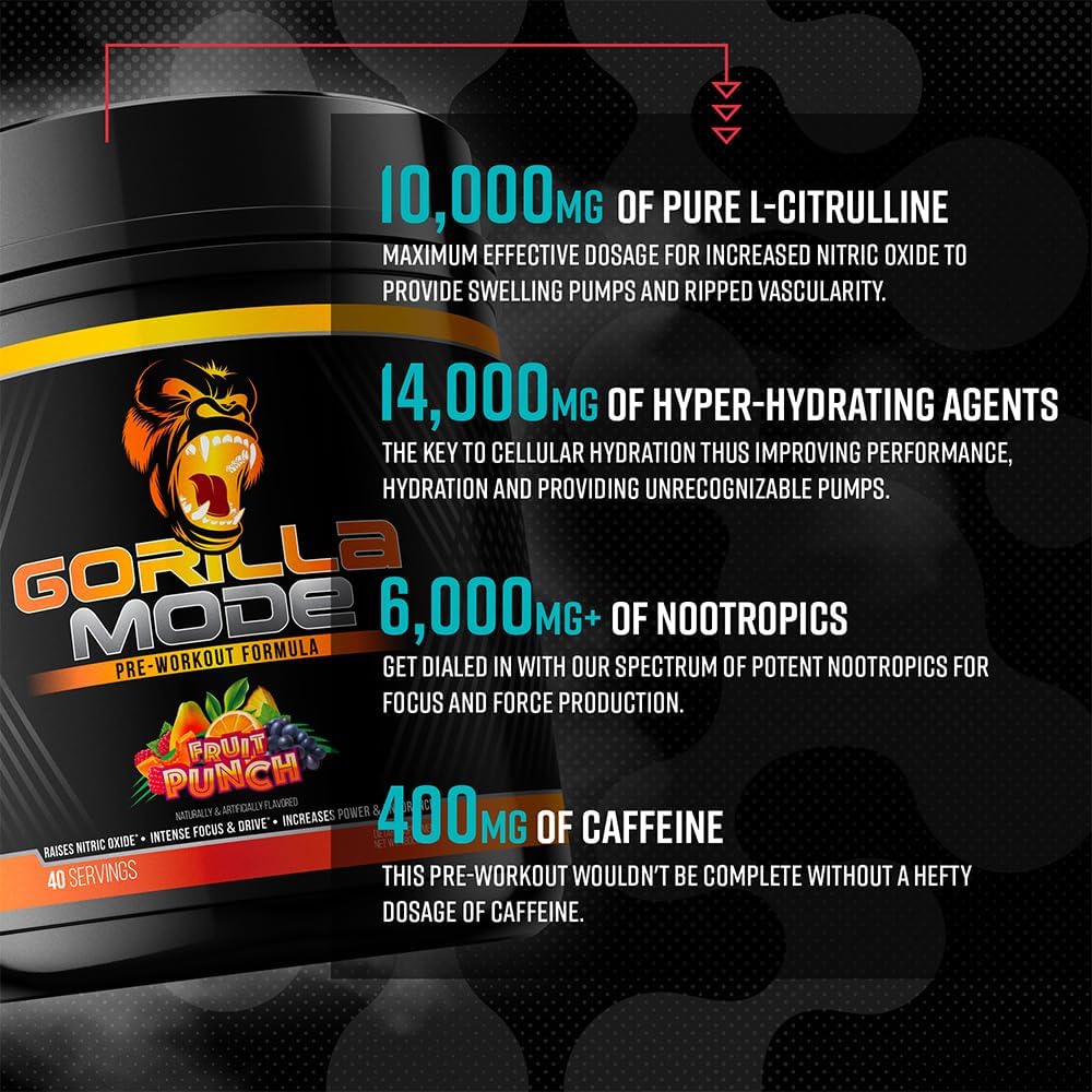 Gorilla Mind Pre Workout - Massive Pumps Laser Focus Energy Power - L-Citrulline, Creatine, L-Tyrosine, Betaine, Hydroprime, Alpha-GPC, 400mg Caffeine, Huperzine A - 816g (Fruit Punch) - Image 5