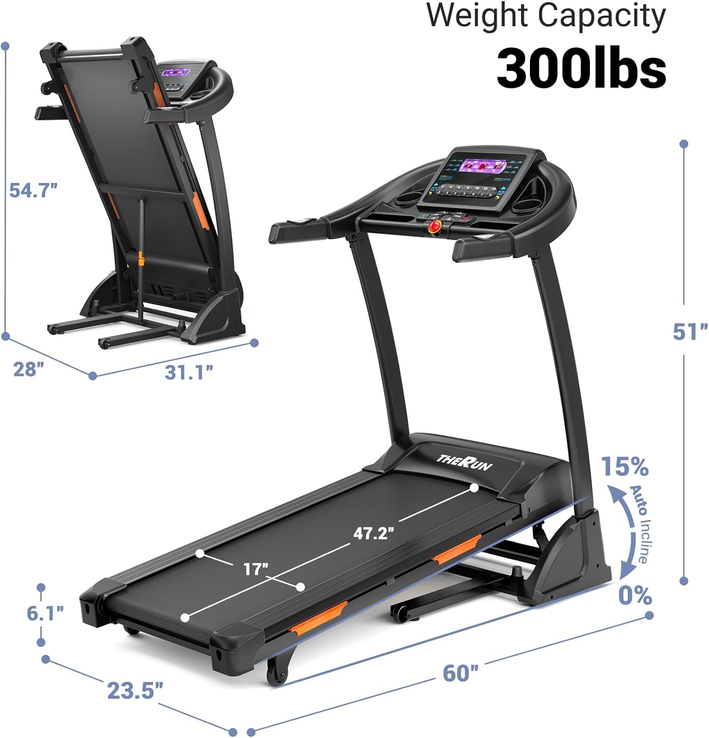 THERUN Incline Treadmill for Running and Walking, 300 lbs Weight Capacity Folding Treadmill with 0-15% Auto Incline, Wide Belt, 3.5HP, App, Heart Rate - Image 4