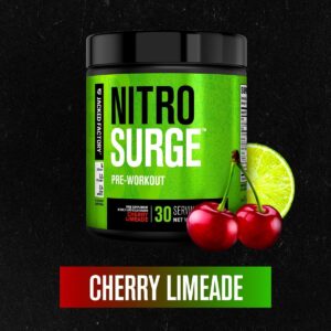 Jacked Factory NITROSURGE Pre Workout Supplement – Endless Energy, Instant Strength Gains, Clear Focus, Intense Pumps – NO Booster & Preworkout Powder with Beta Alanine – 30 Servings, Cherry Limeade