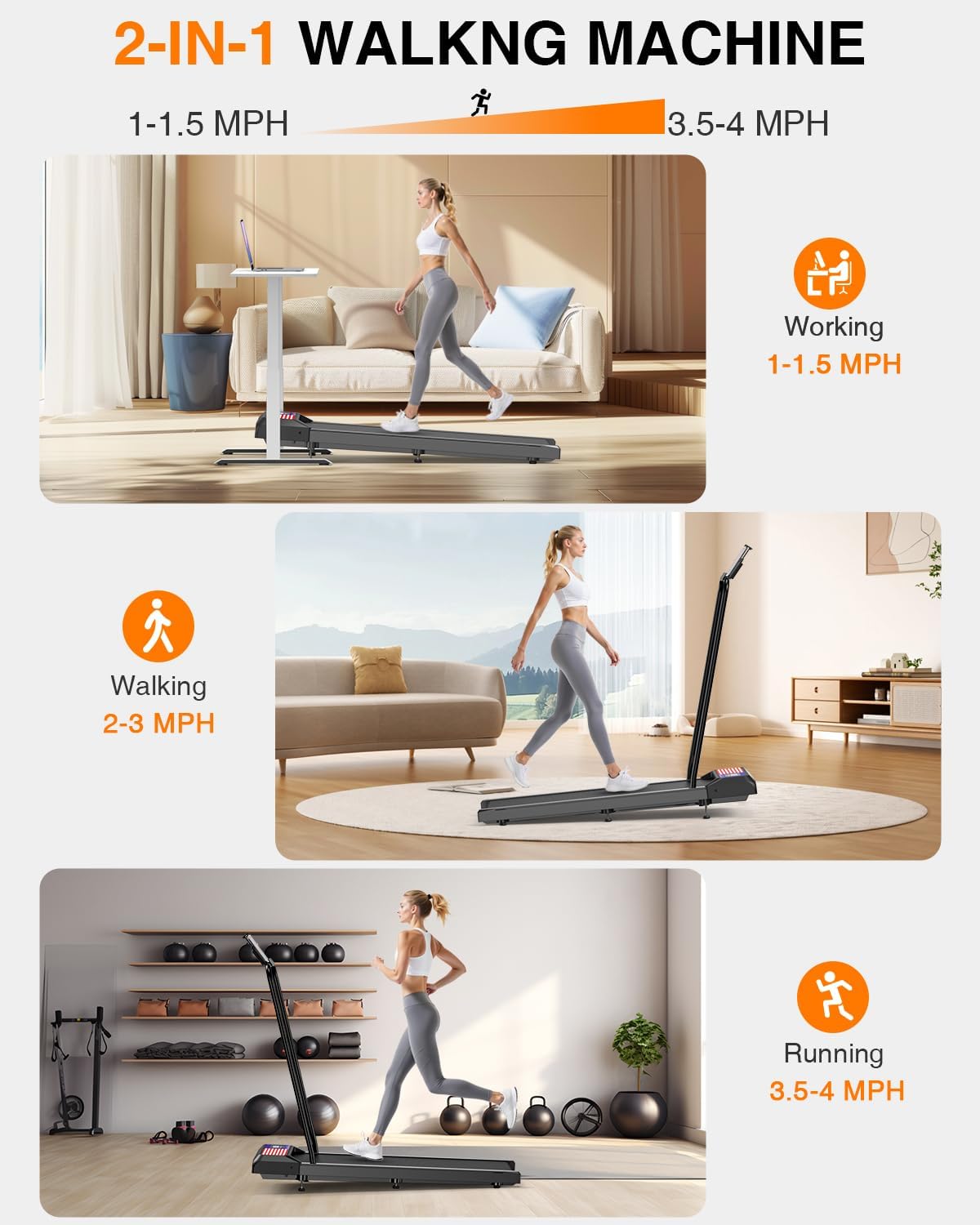 Walking Pad Treadmill with 8% Adjustable Incline and Removable Handle Bar, Compact Under Desk Treadmills for Home Small with APP Sync, Remote Control and LED Display, 2.5HP - Image 4