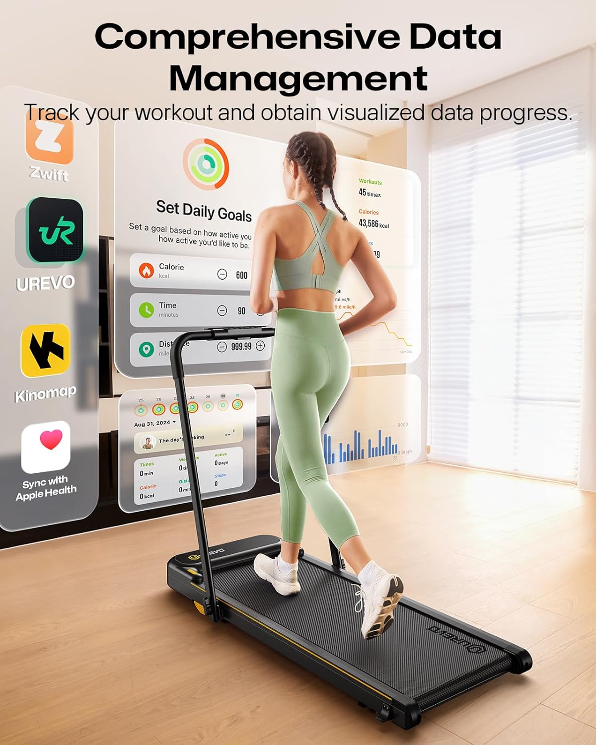 UREVO Strol 2E Smart 2-in-1 Folding Treadmill, Compact Walking Pad with Safety Handle, Plug and Play, Dual LED Display, Workout APP, Walking or Running for Home Office, Remote Included - Image 5