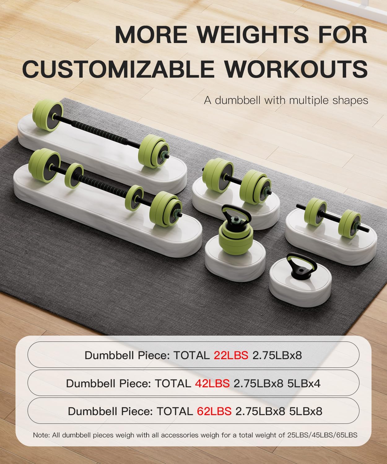 Adjustable Dumbbell Set 22/42/62LBS, 5-in-1 Free Weight Dumbbell Set Used as Dumbbell,Kettlebell,Barbell, Push-Up Stand,Weight Plate, Iron Sand Weights Set with Connector ,Fitness Exercises for Home Gym Suitable Men/Women - Image 9