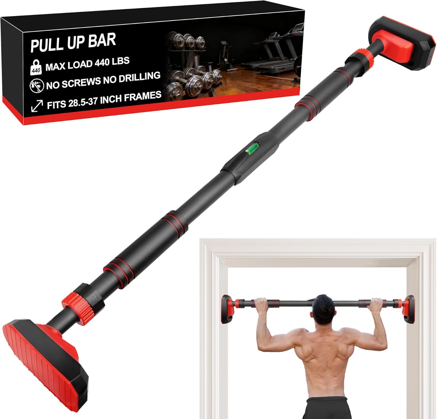 TOPOKO Pull Up Bar for Doorway, Strength Training Chin Up Bar without Screws – Adjustable Width with Locking Mechanism, Non-Slip Heavy Duty Pull-up Bar for Home Gym, Max Load 440lbs