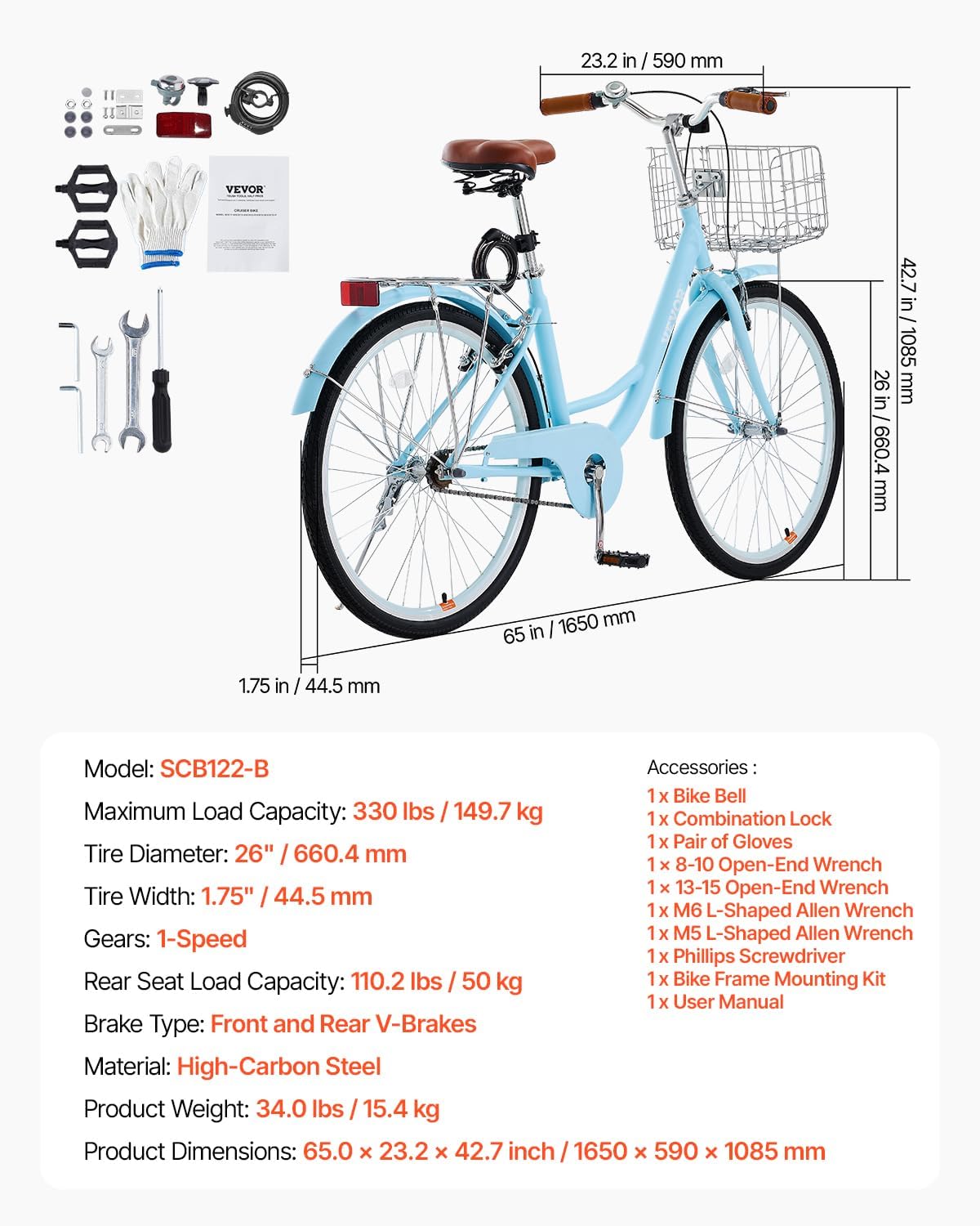 VEVOR Women Bike, 7-Speed and 1-Speed, 24-26 Inch Pink and Light Blue Beach Cruiser Bike, with Large Capacity Basket and Rear Rack, Adjustable Seat, Fits for Cycling, Exercise & Shopping - Image 7