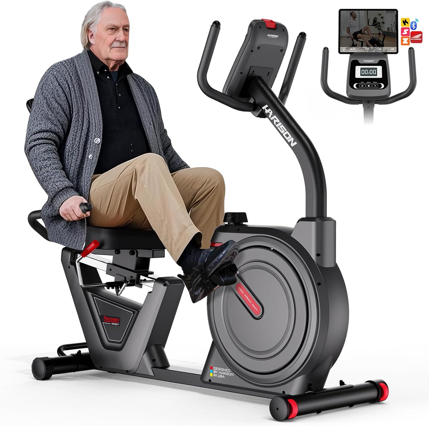 HARISON Semi Commercial Magnetic Recumbent Exercise Bike for Home with 450 lbs Capacity, Recumbent Bikes for Seniors & Adults with 2-in-1 LCD Monitor & Tablet Holder, HARISON APP