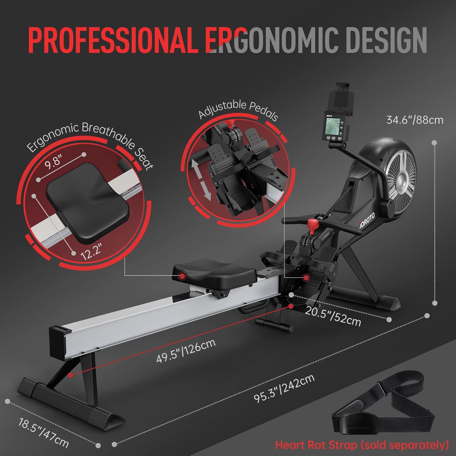 JOROTO Rowing Machines, Air Magnetic Rowing Machines for Home with Foldable,10 Levels Adjustable Resistance, Quiet Operation, Bluetooth App Compatible, Max 350lbs Weight Capacity, Black - Image 5