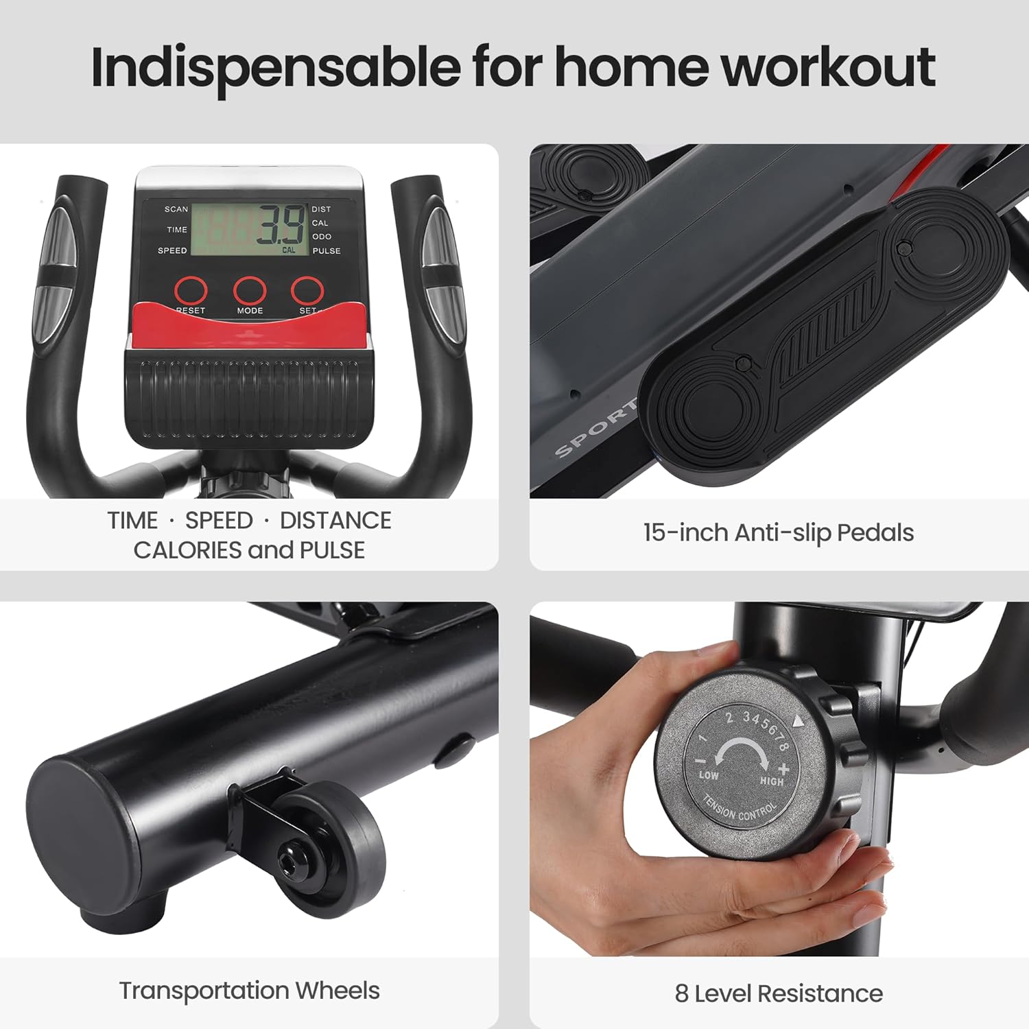 Elliptical Exercise Machine Elliptical Machine for Home with 8 Levels Adjustable Resistance LCD Monitor Pulse Monitor 13IN Stride 300 LBS Weight Capacity Hyper-Quiet Fitness - Image 8