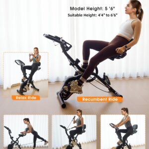 Folding Exercise Bike, 5-in-1 Foldable Stationary Bike Upgraded 16-level Magnetic Resistance 10DB Near-silent Bike Upright Indoor Cycling Bike with 350LB Capacity, Comfortable Seat Backrest…