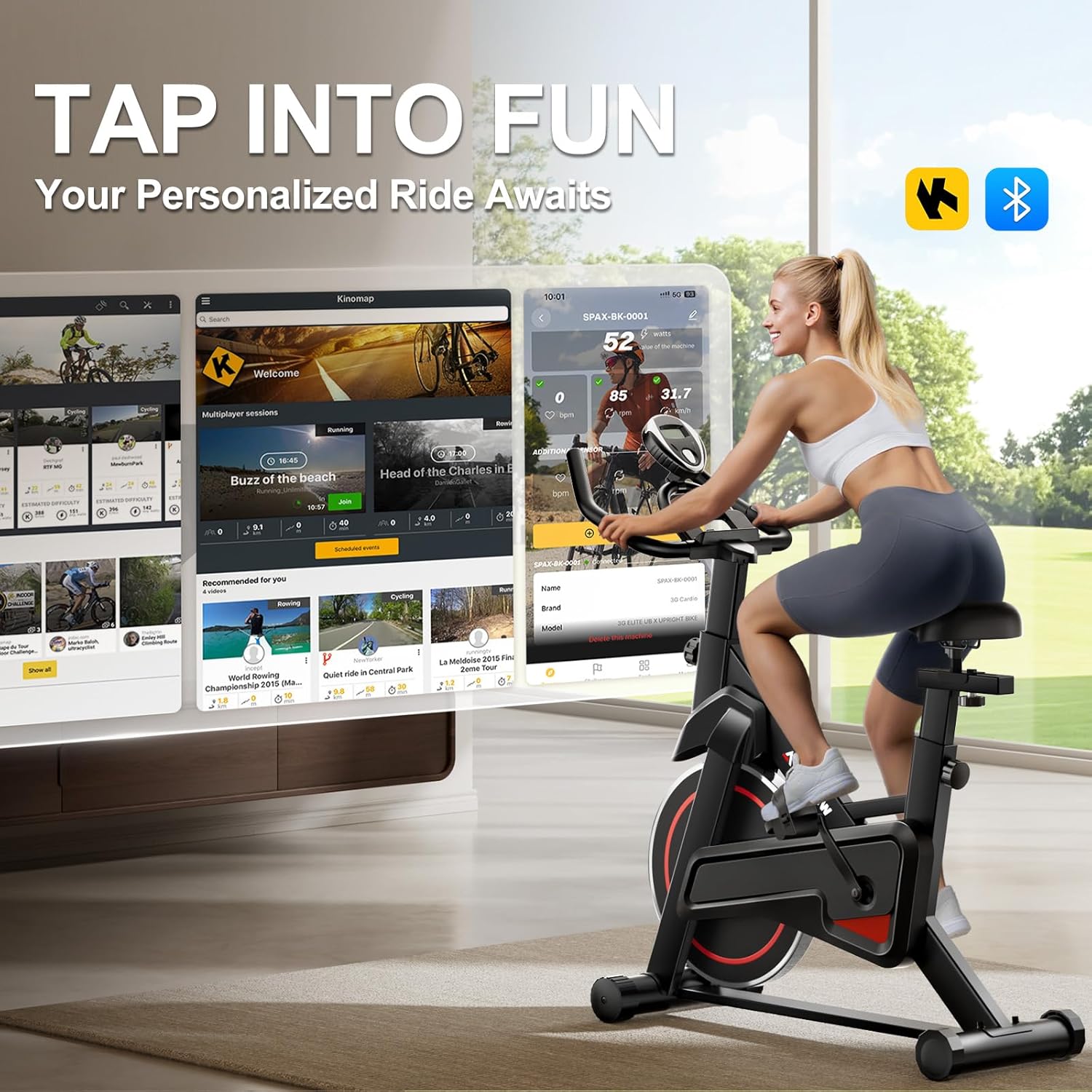 Exercise Bike, Brake Pad Stationary Bikes for Home with App Compatible, Low Noise Indoor Cycling Bike, 300lbs Capacity Compact Workout Bike with Tablet Mount & Extra Comfort Seat - Image 5