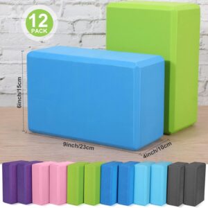 Wettarn 12 Pcs Yoga Blocks Bulk 9 x 6 x 4 Inch EVA Foam Supportive Yoga Brick Lightweight Soft Non Slip Gymnastic Blocks Yoga Pilates Accessories for Girls Women Beginners, Stretching and Meditation