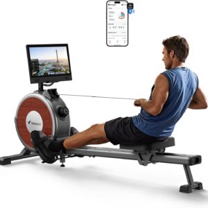 MERACH Rowing Machine with 15.6″ HD Rotating Screen, Magnetic Rowing Machines for Home, 16 Levels Rower Machine of Quiet Resistance, Dual Slide Rail with Max 350lbs Weight Capacity, App Compatible