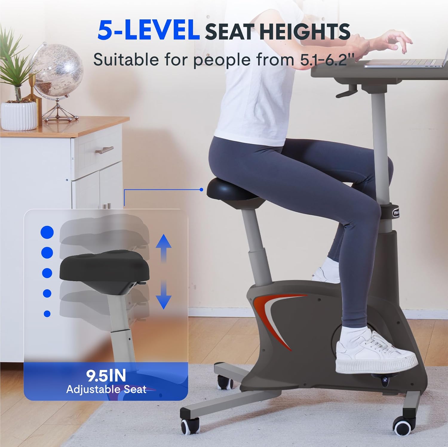 FLEXISPOT Exercise Bike with 2D Desktop, Space Saving Under Desk Bike with Removable Desk, Stationary Bikes Indoor Bikes with 300LBS Heavy Duty 8-Level Resistance Flywheel Optional LCD, V9PRO/V9MAX - Image 5