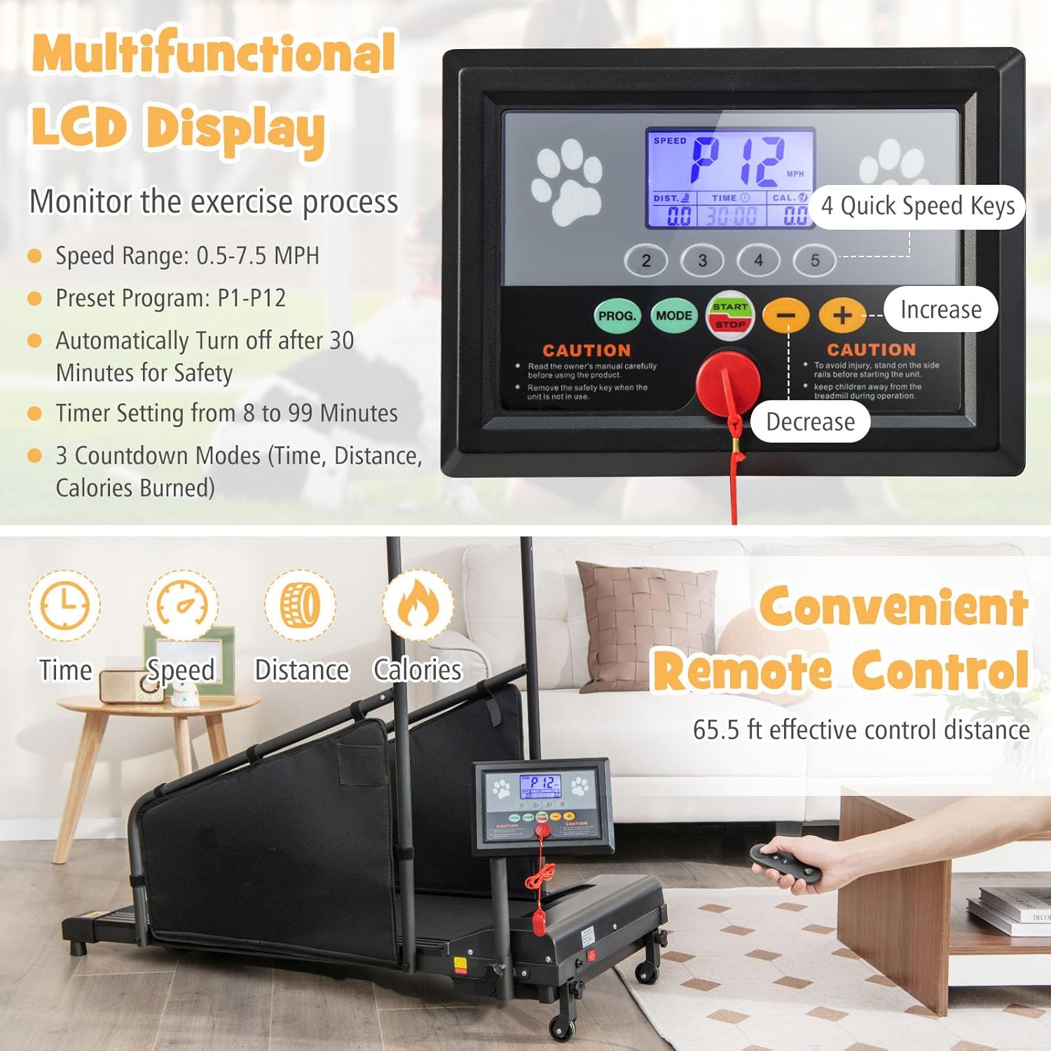 GYMAX Dog Treadmills for Small/Medium Dogs - 220 LBS Pet Runner with 65.5 FT Remote, Rotatable LCD Monitor, Adjustable Incline, 3 Countdown Modes & Wheels, Dog Running Machine for Indoor Exercise - Image 5