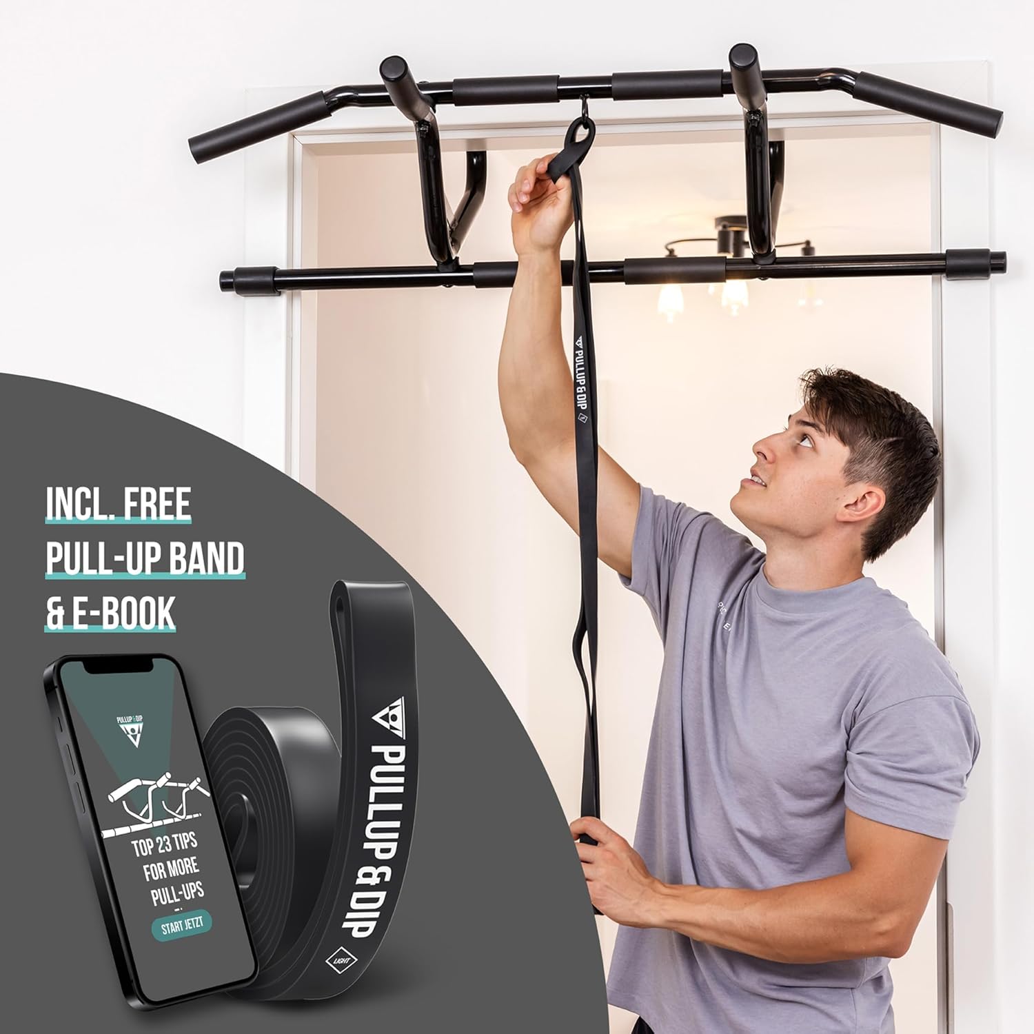 PULLUP & DIP Pull-up bar for door frames for hanging without screws and no slipping, professional door bar, pull-up bar with padded handles - Image 7